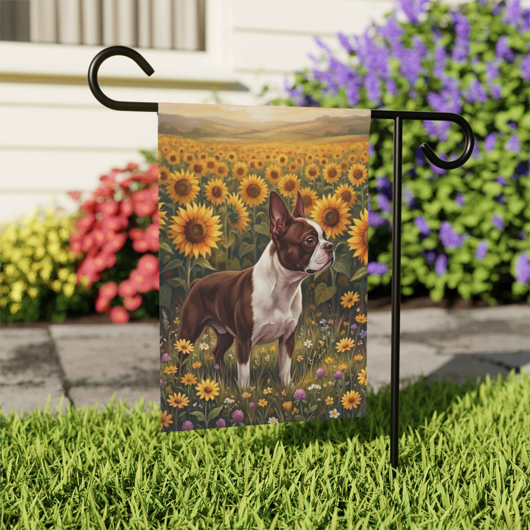 Sunflower Field Liver and White Boston Terrier Flag