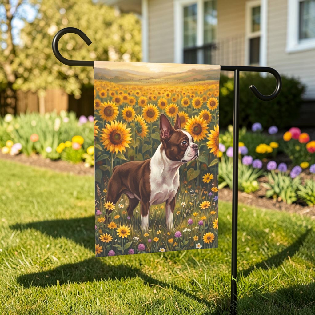 Sunflower Field Liver and White Boston Terrier Flag
