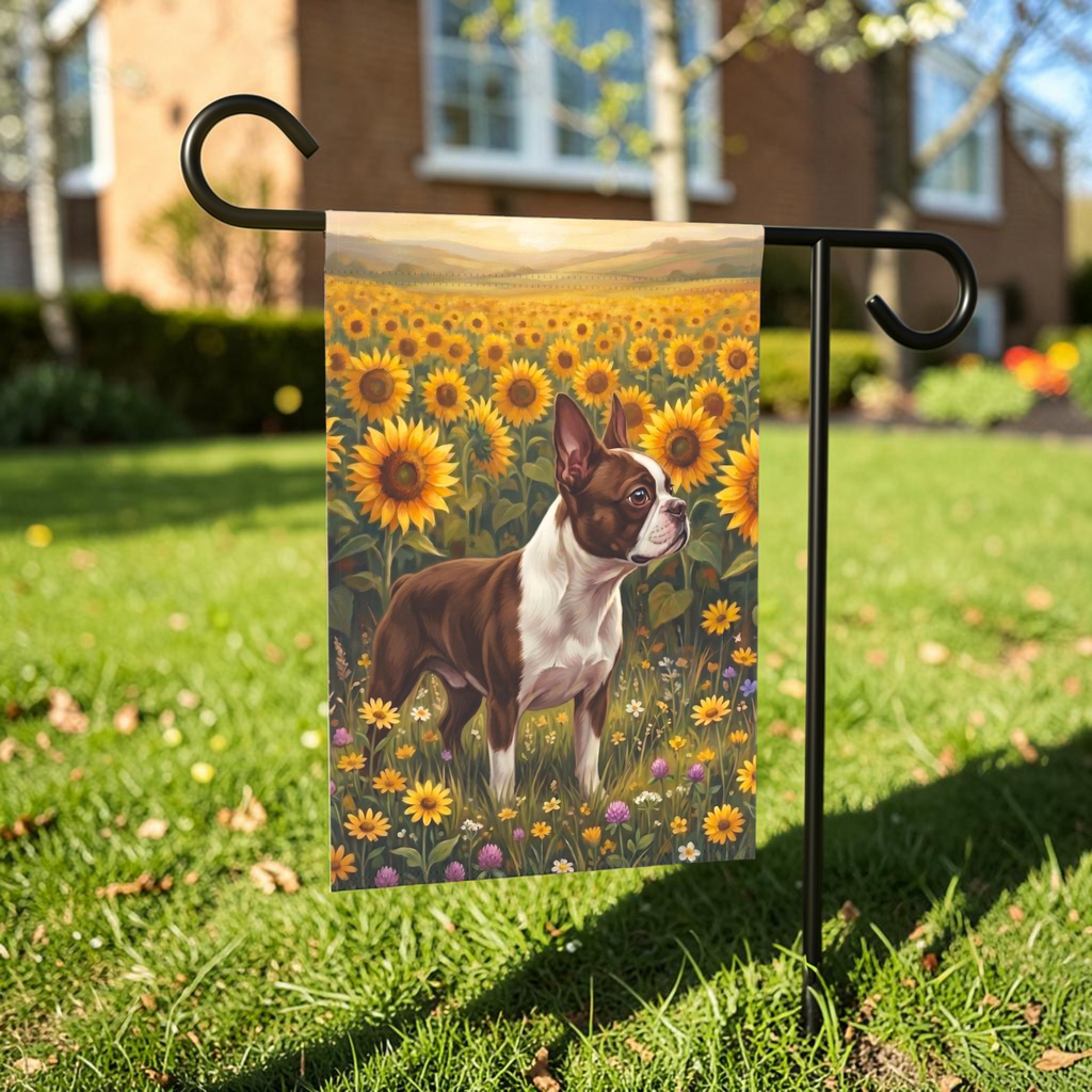 Sunflower Field Liver and White Boston Terrier Flag