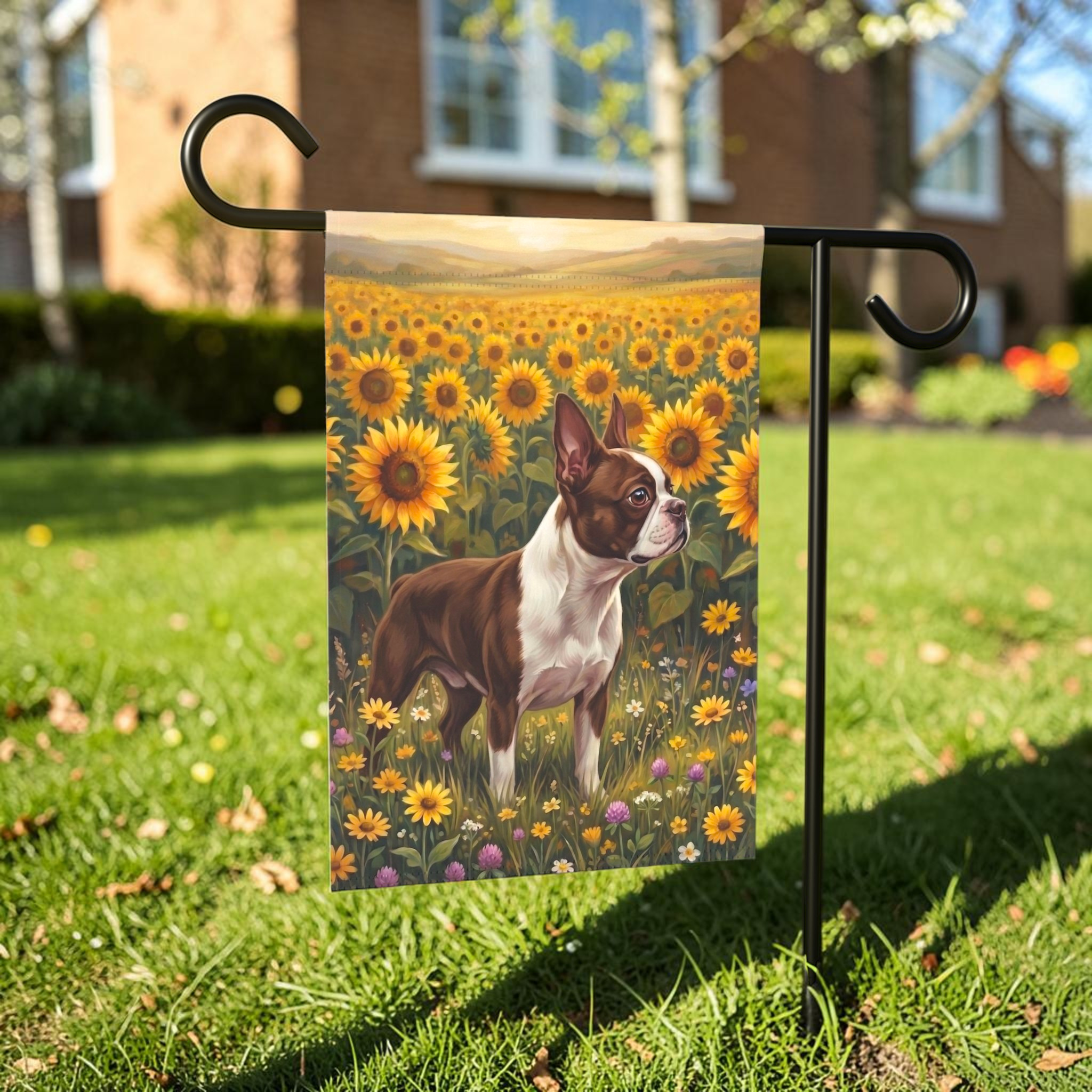 Sunflower Field Liver and White Boston Terrier Flag