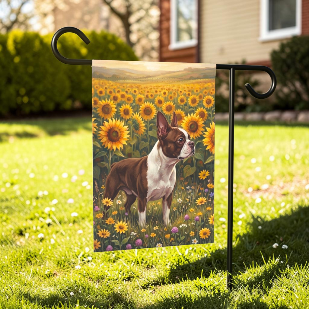 Sunflower Field Liver and White Boston Terrier Flag