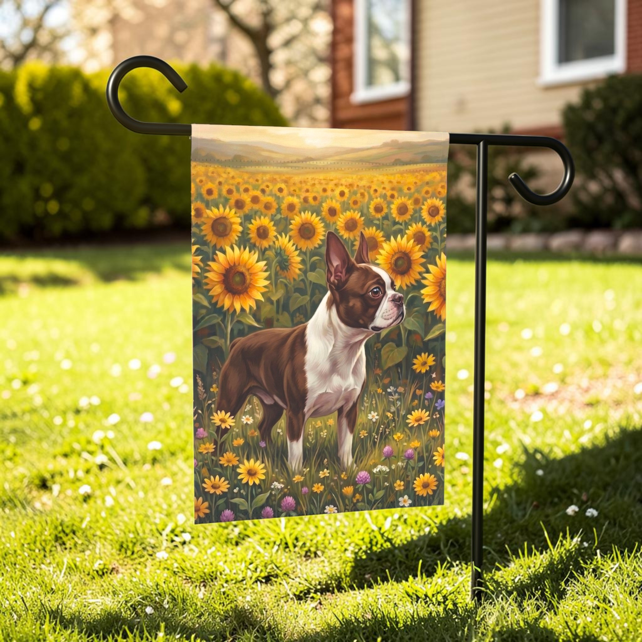 Sunflower Field Liver and White Boston Terrier Flag