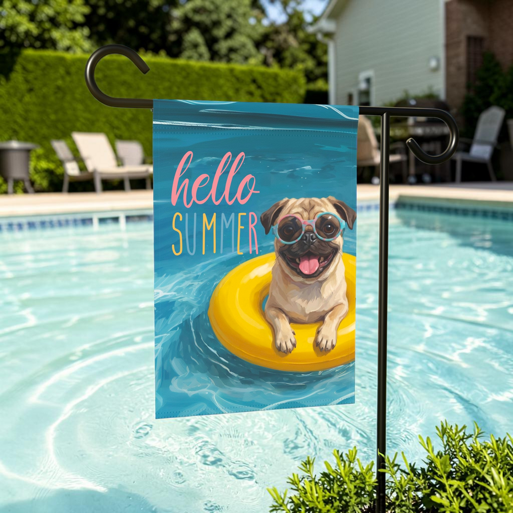 Hello Summer Pug Garden Flag