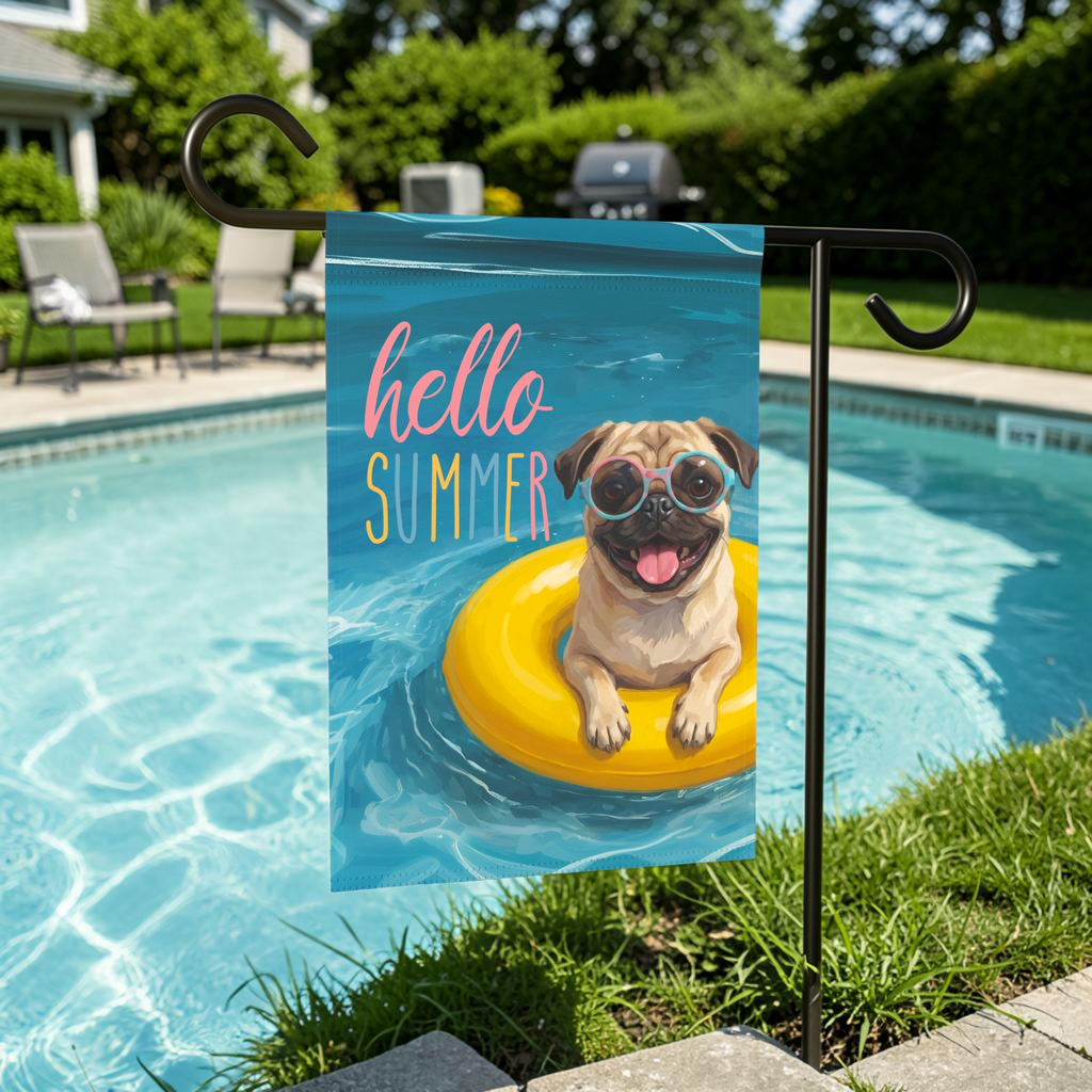 Hello Summer Pug Garden Flag