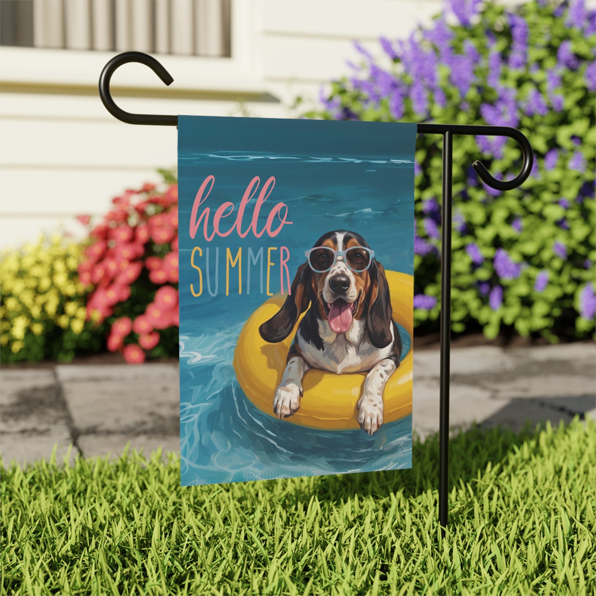 Hello Summer Basset Hound Garden Flag