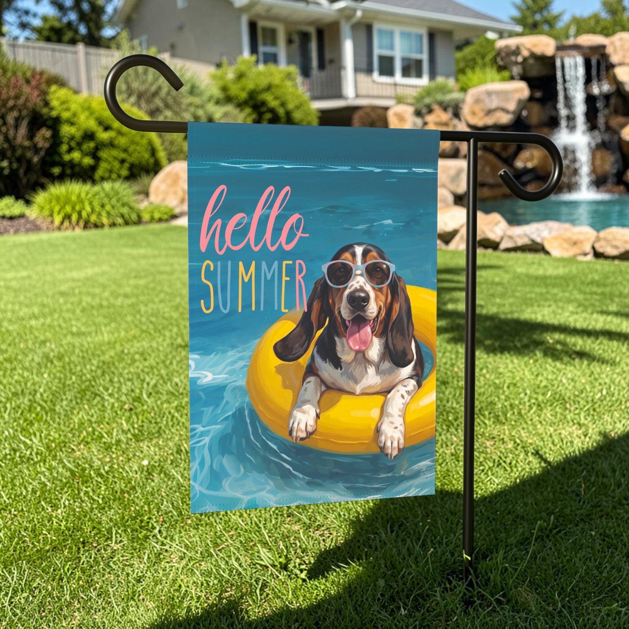 Hello Summer Basset Hound Garden Flag