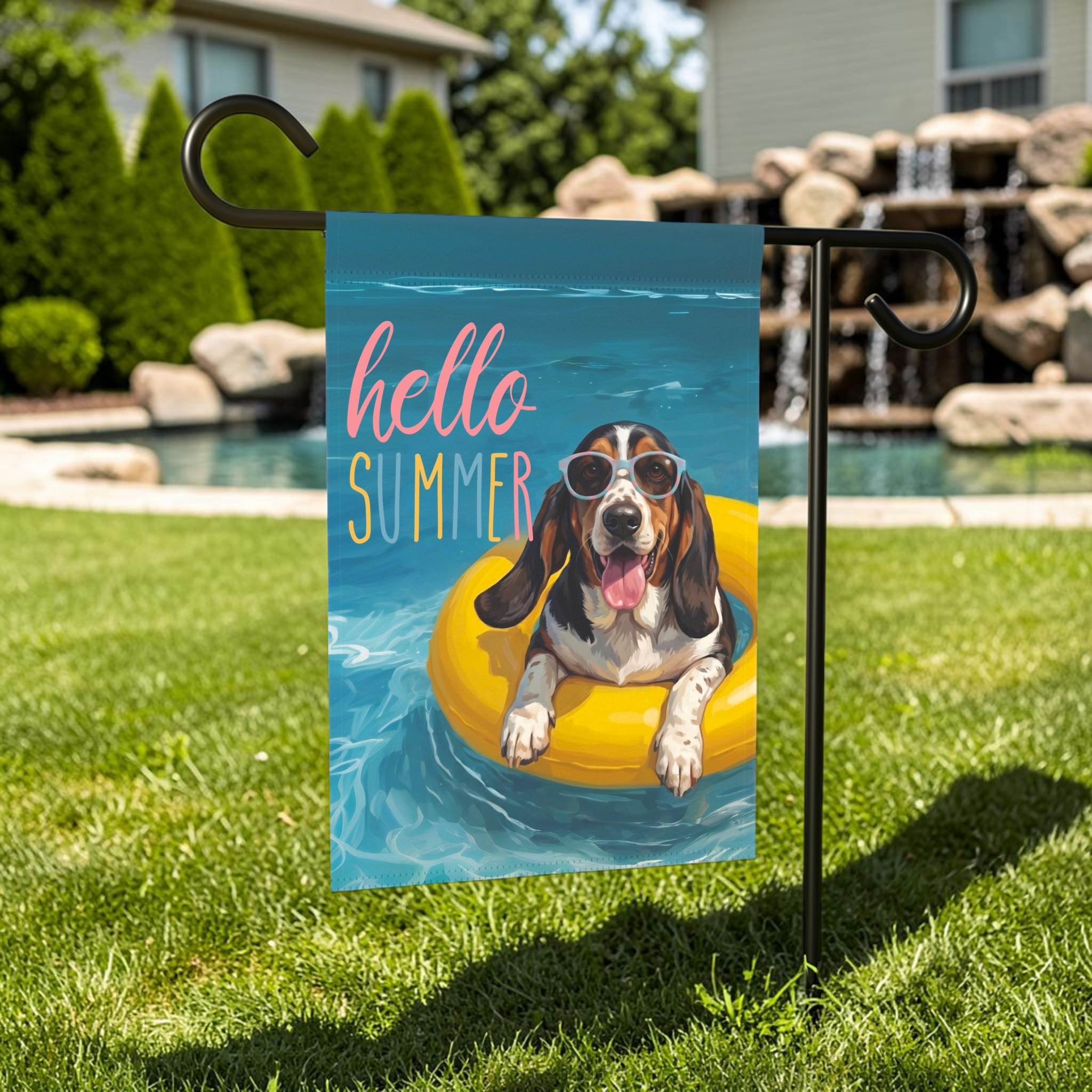Hello Summer Basset Hound Garden Flag