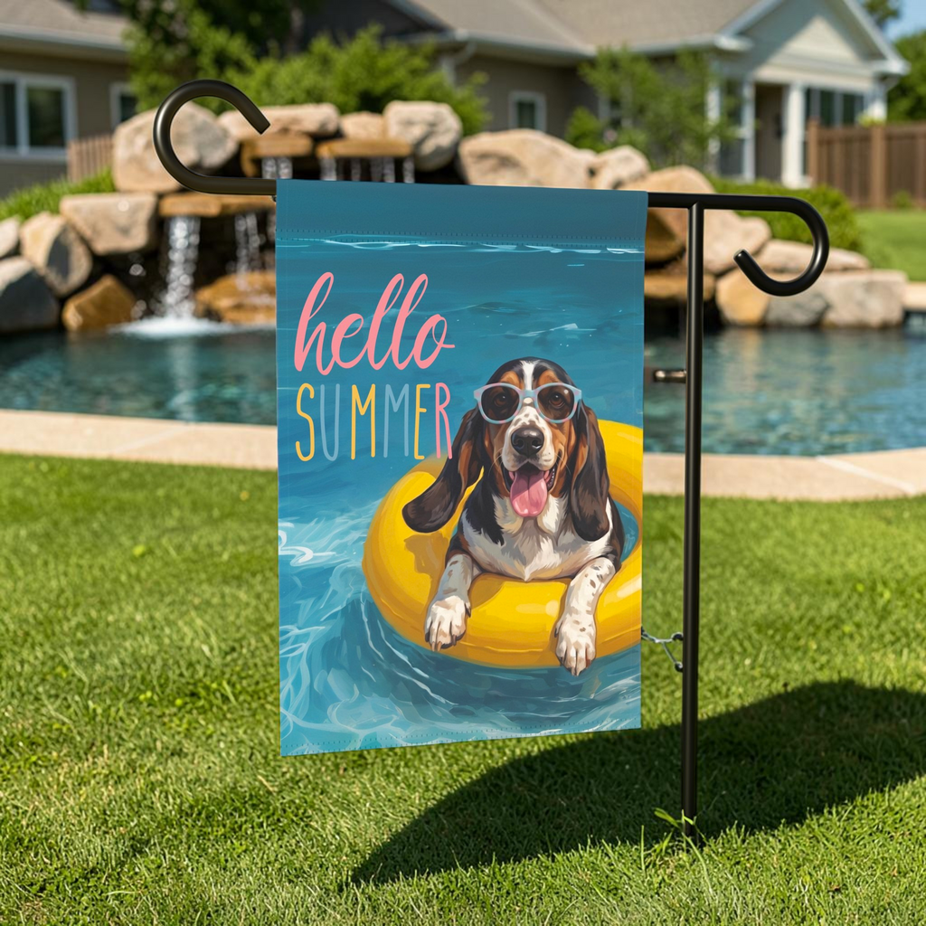 Hello Summer Basset Hound Garden Flag