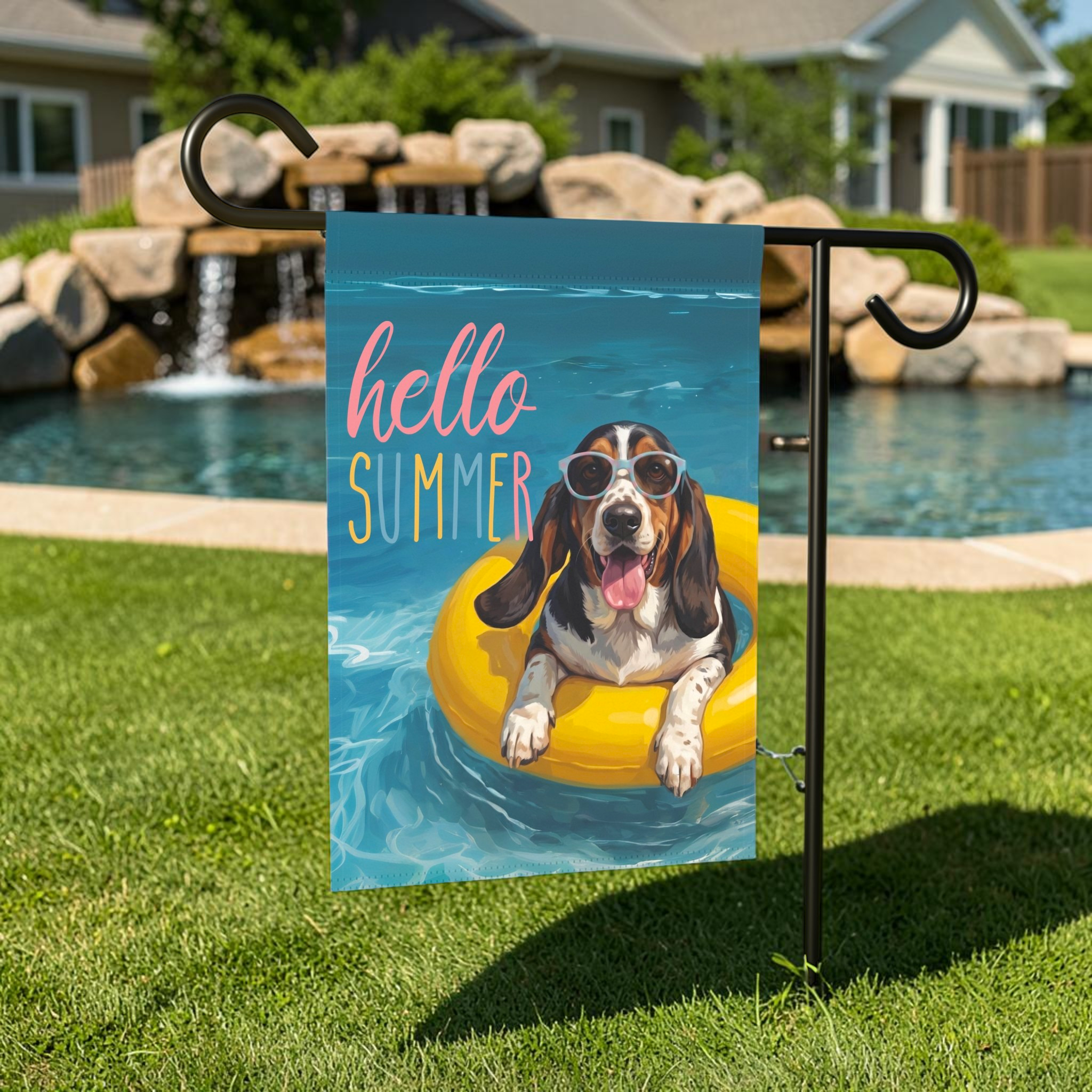 Hello Summer Basset Hound Garden Flag