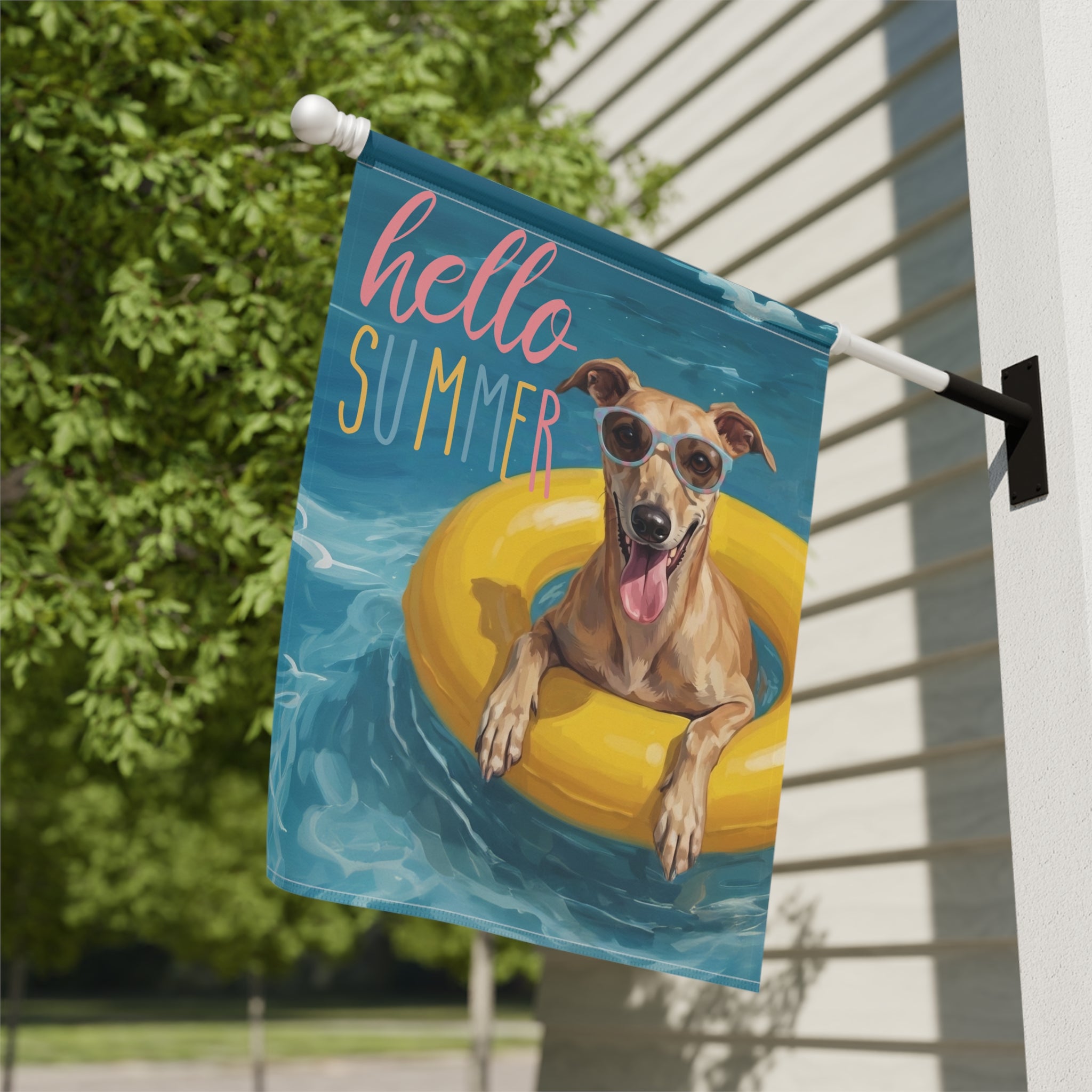 Hello Summer Greyhound Garden Flag Double Sided 12x18 24x32 Outdoor