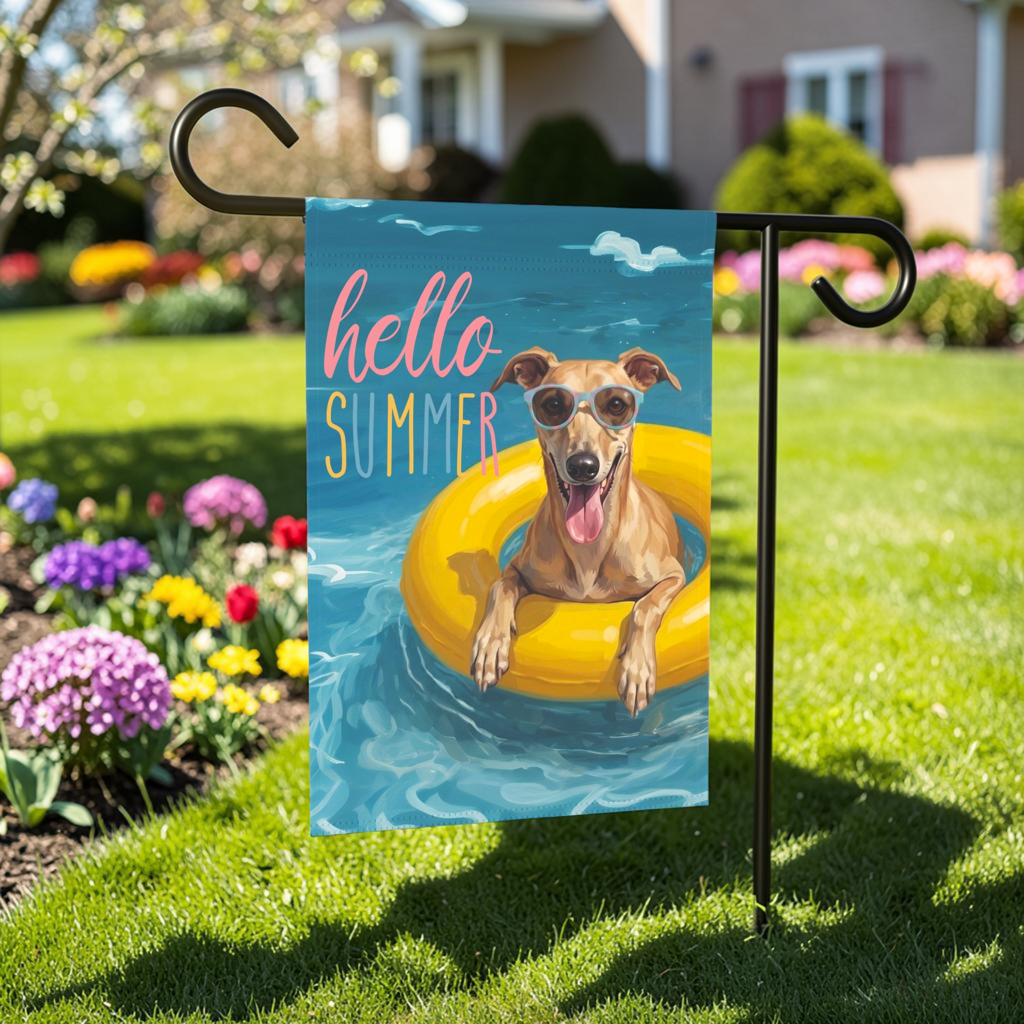 Hello Summer Greyhound Garden Flag