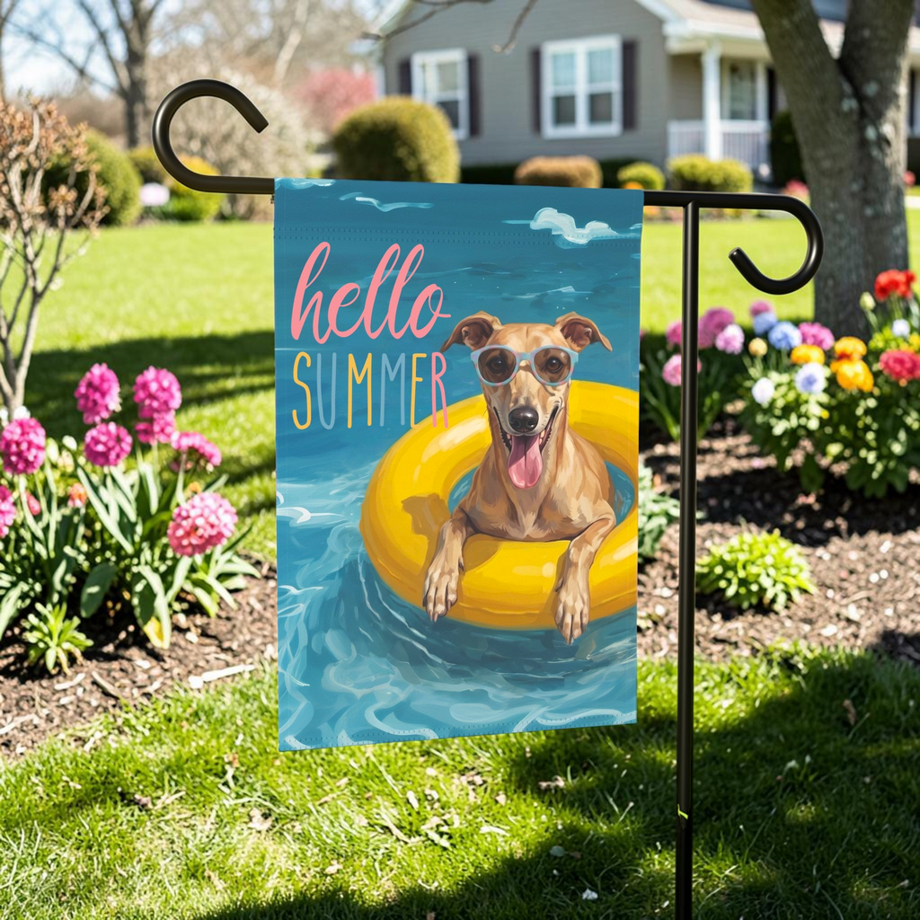 Hello Summer Greyhound Garden Flag