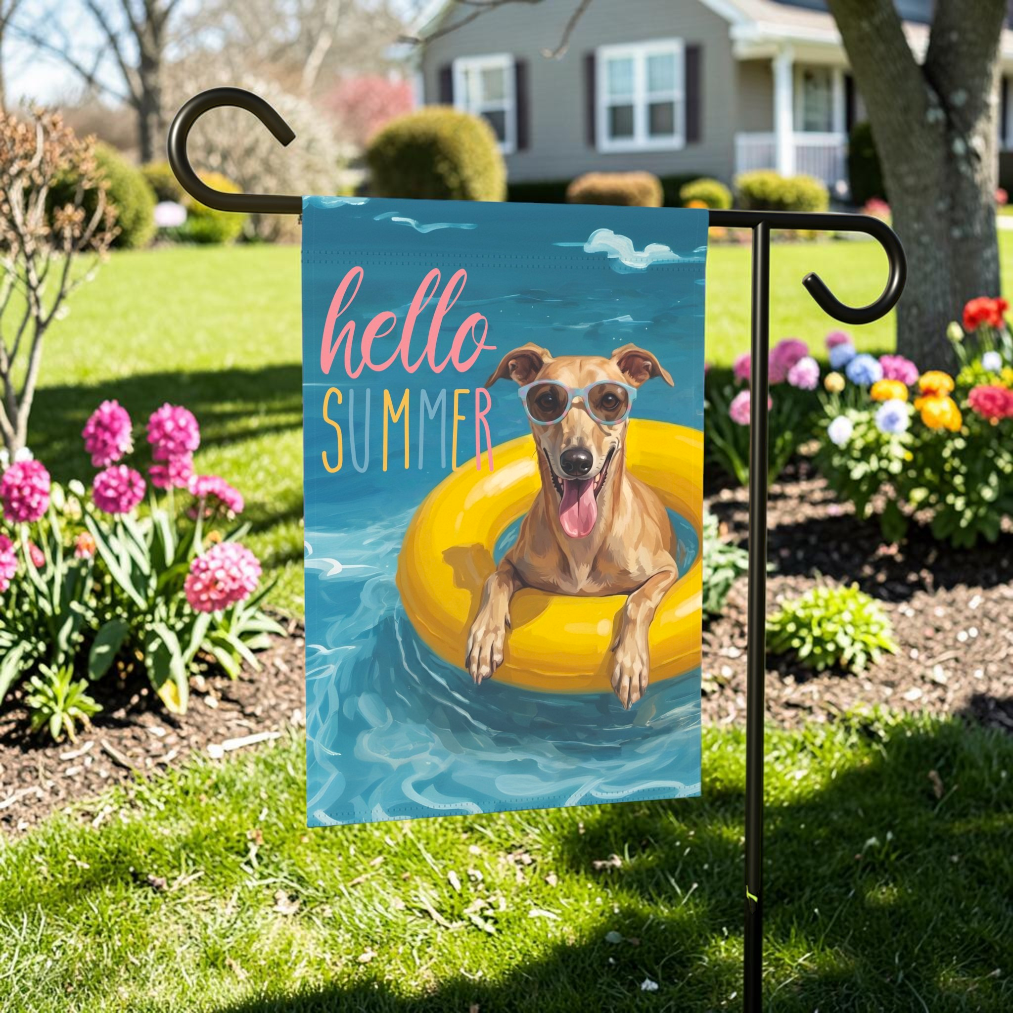 Hello Summer Greyhound Garden Flag