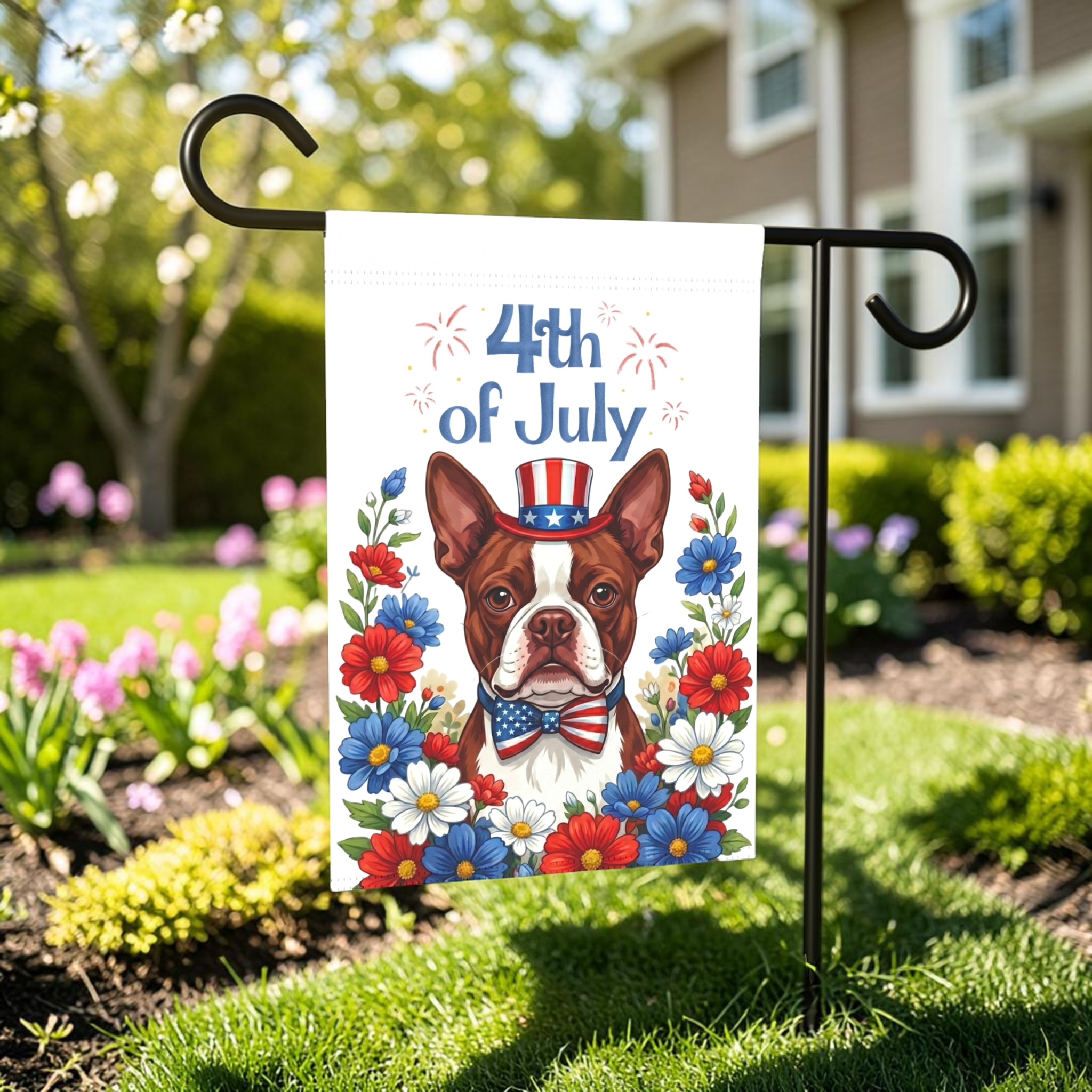 4th of July Red Boston Terrier Garden Flag