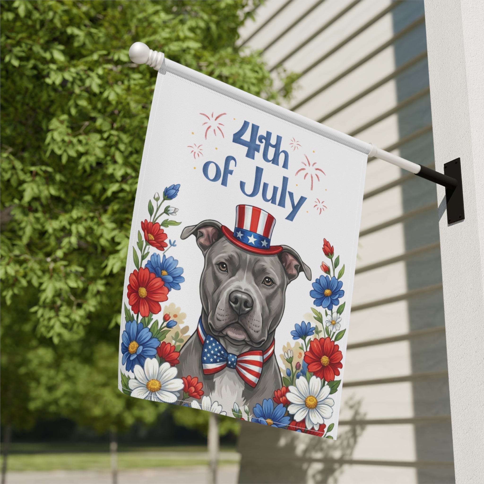 4th of July Gray American Pitbull Garden Flag Double Sided 12x18 24x32 Outdoor