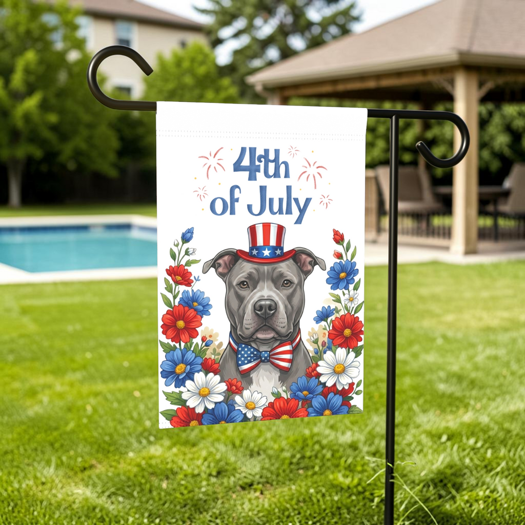 4th of July Gray American Pitbull Garden Flag