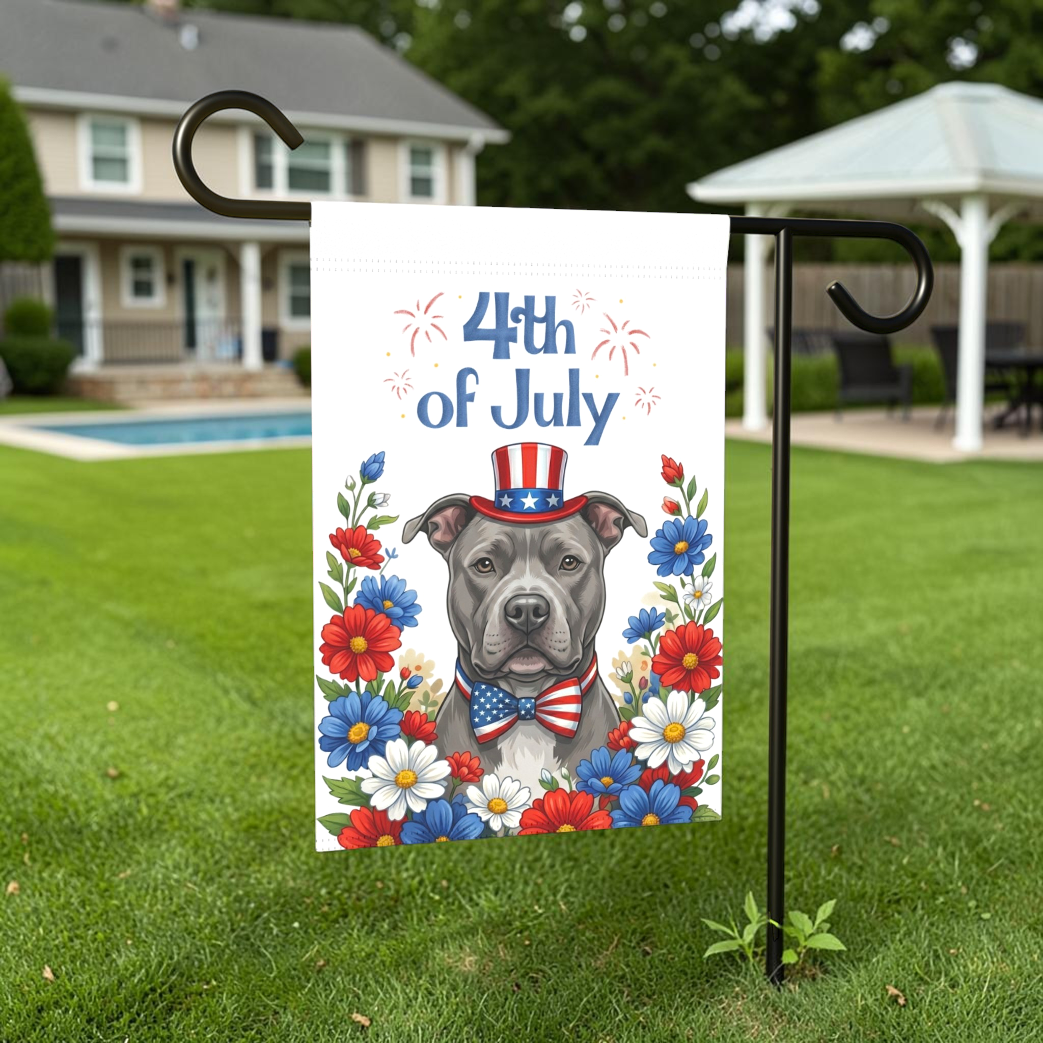 4th of July Gray American Pitbull Garden Flag