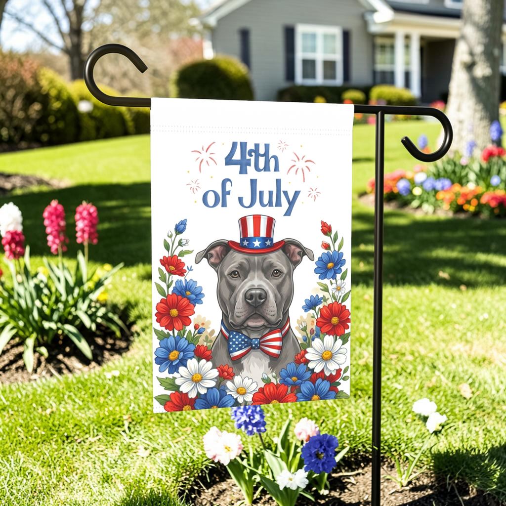 4th of July Gray American Pitbull Garden Flag