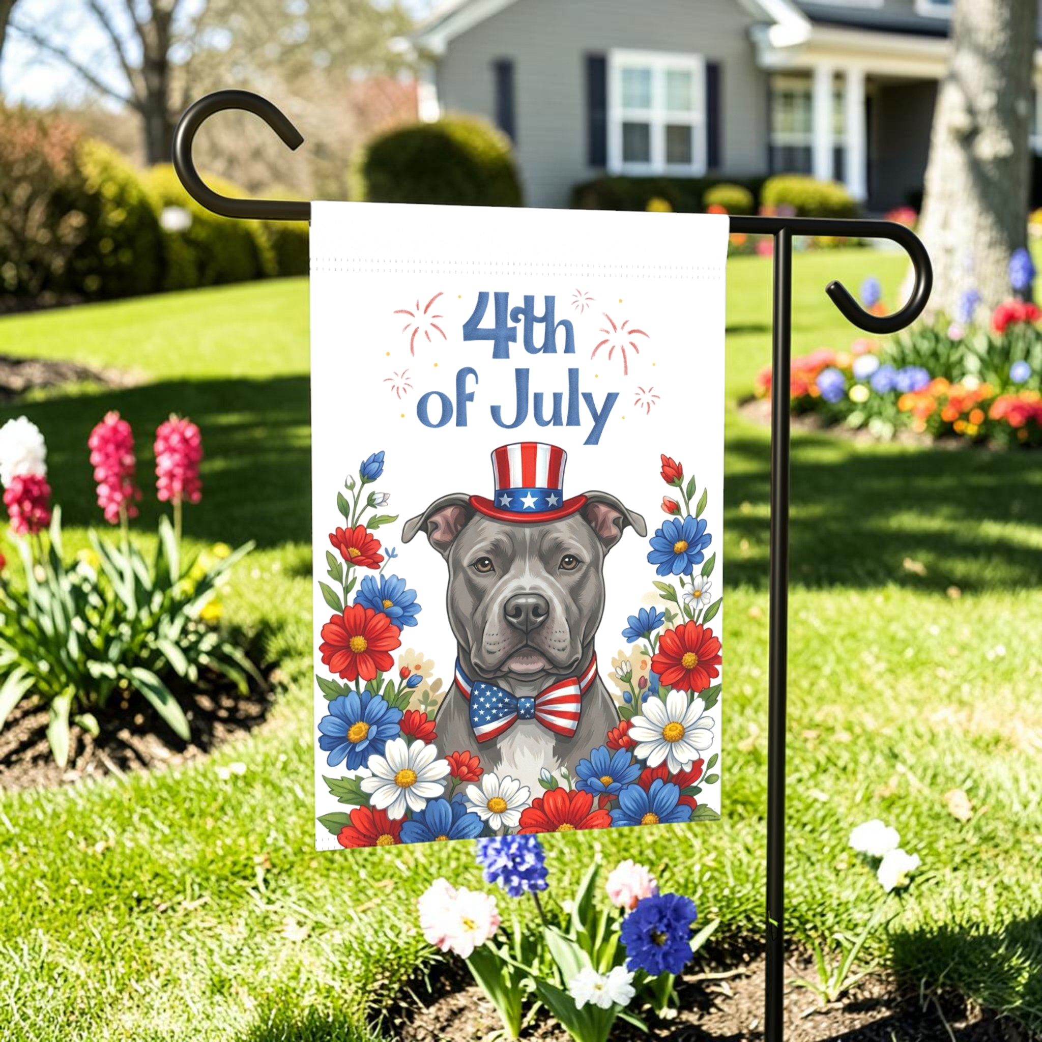 4th of July Gray American Pitbull Garden Flag