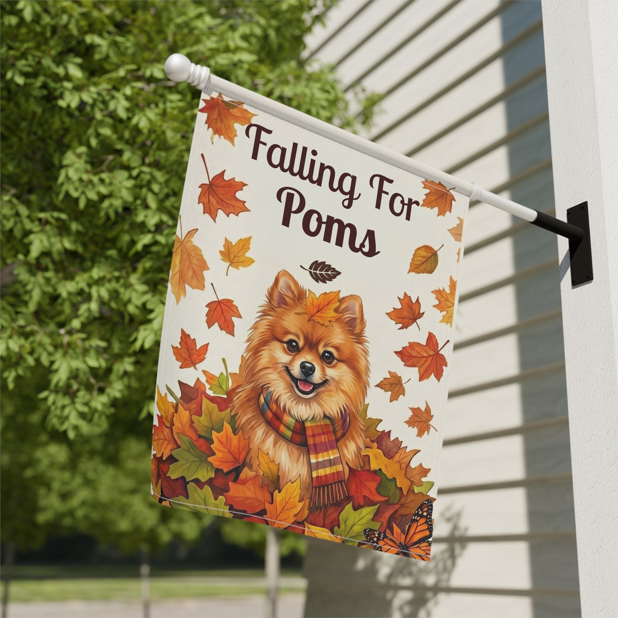 'Falling For Poms' Pomeranian Autumn Garden Flag Double Sided 12x18 24x32 Outdoor