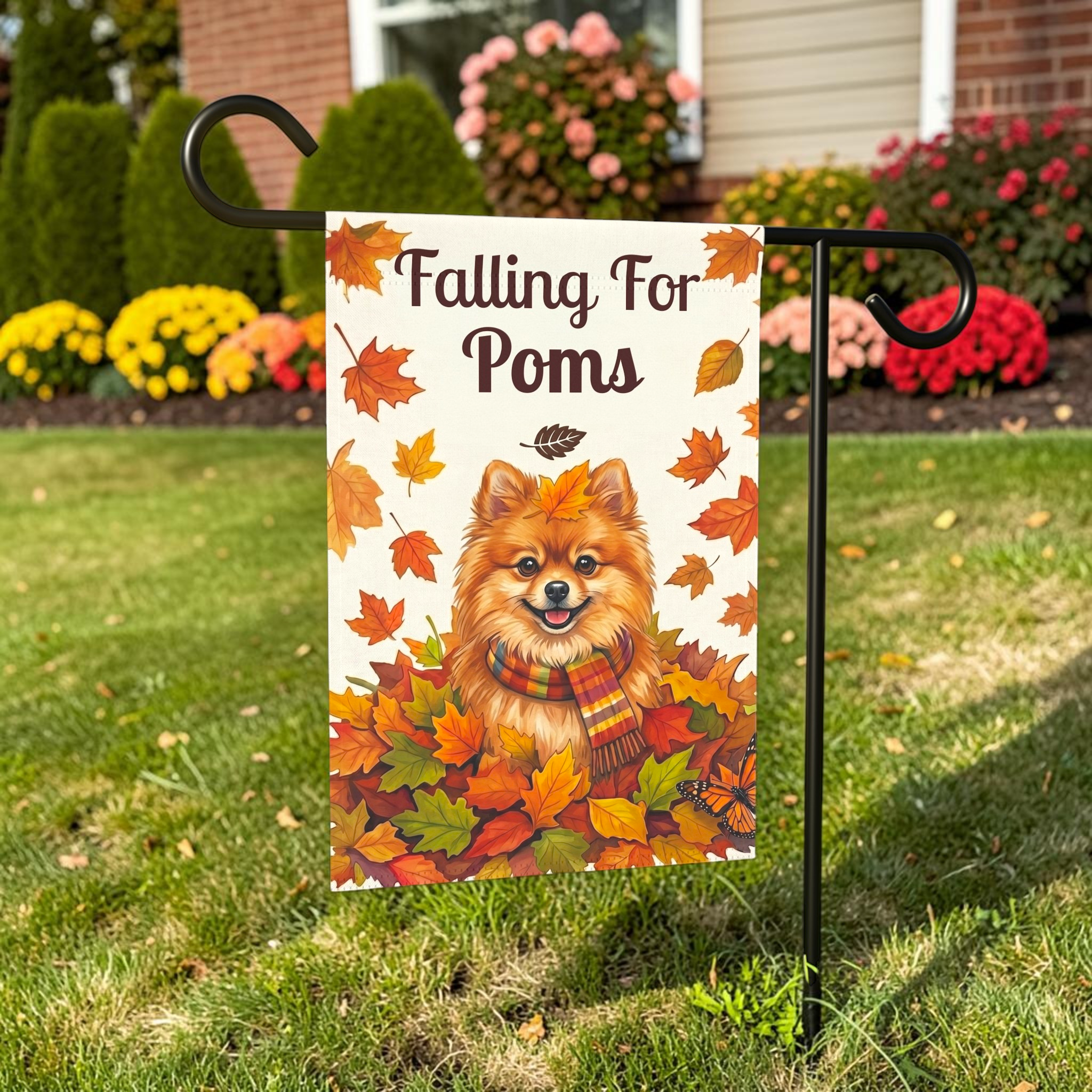 'Falling For Poms' Pomeranian Autumn Garden Flag