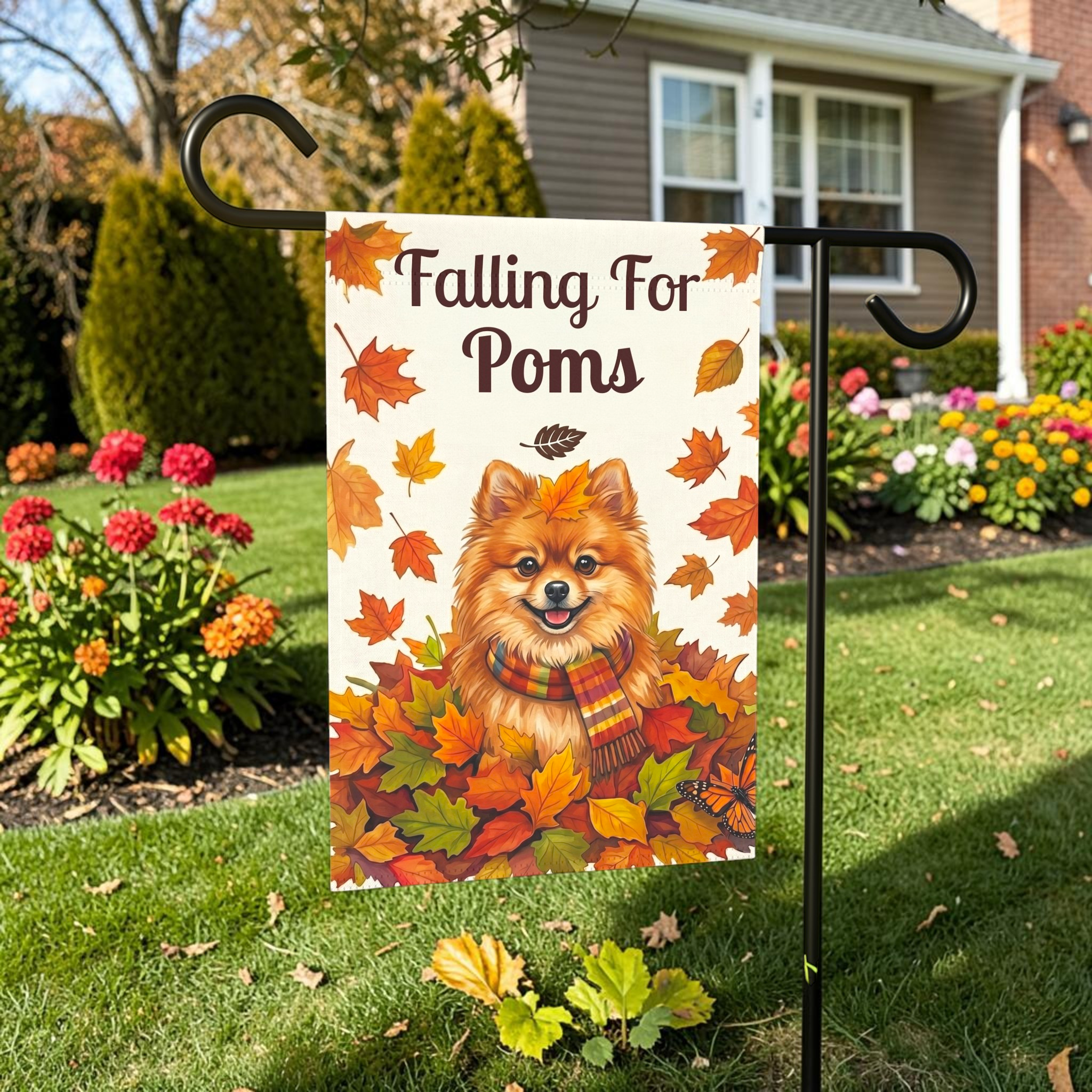 'Falling For Poms' Pomeranian Autumn Garden Flag