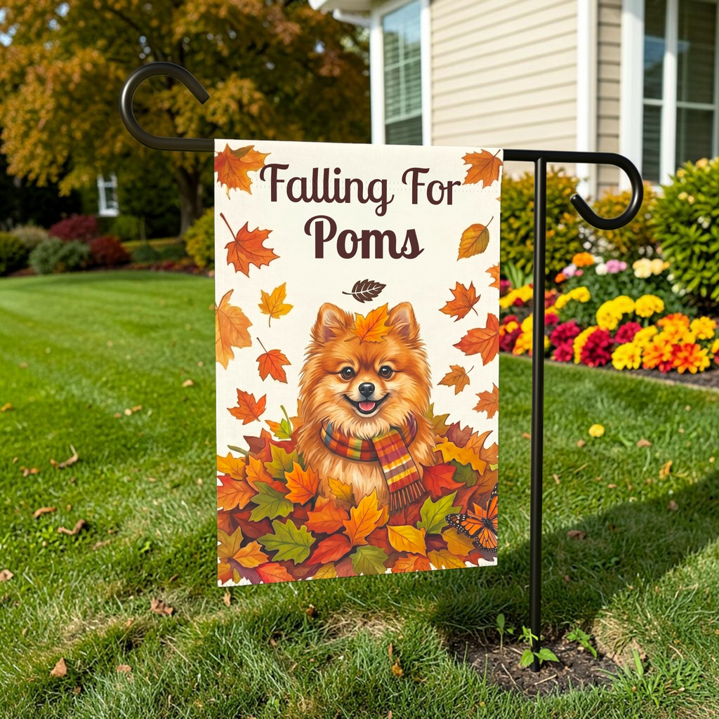 'Falling For Poms' Pomeranian Autumn Garden Flag