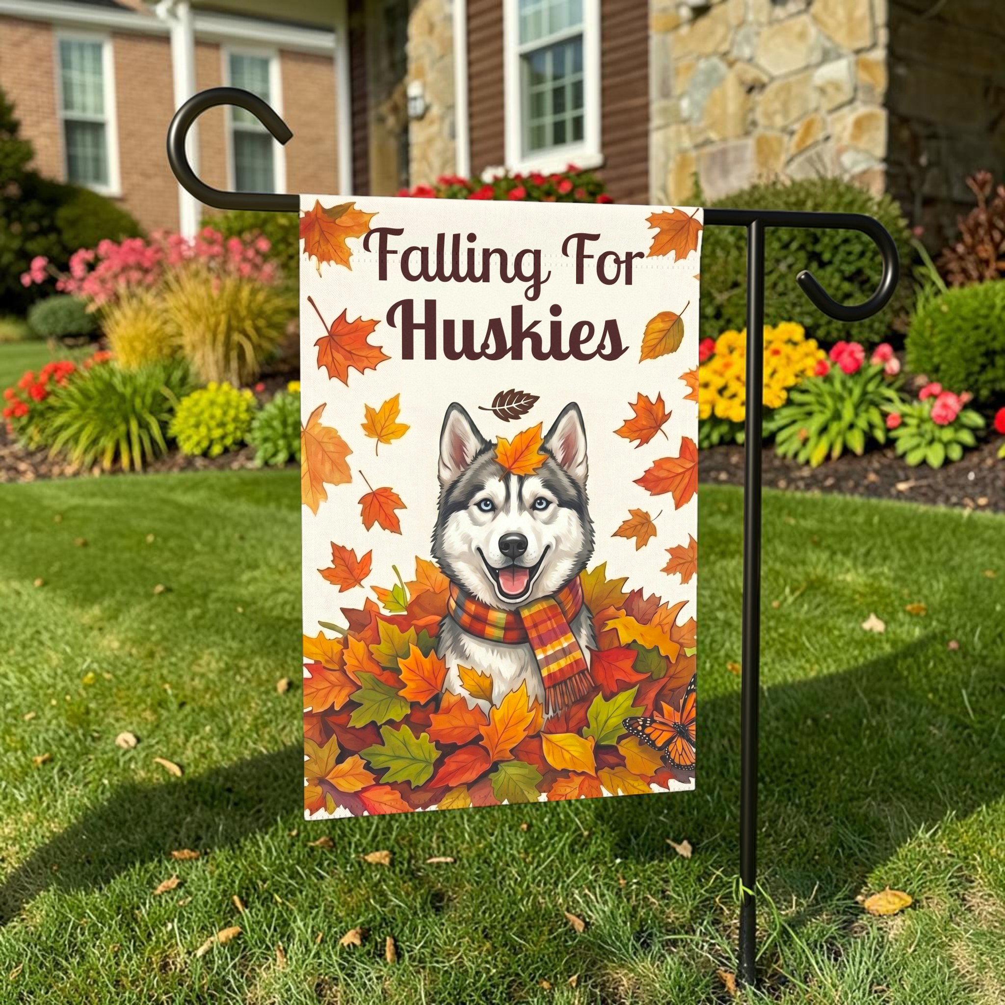 Falling for Huskies Siberian Husky Autumn Garden Flag