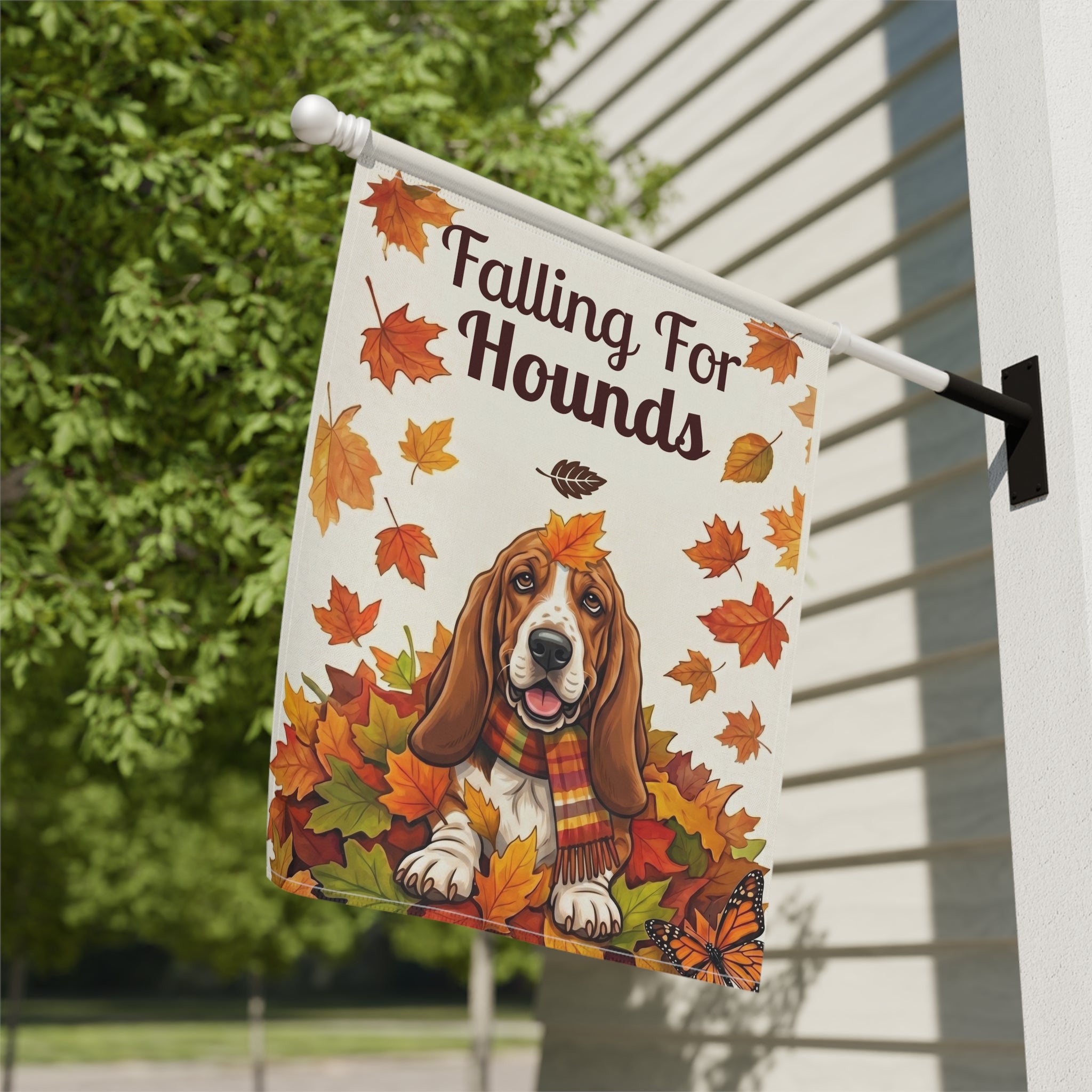 Falling for Hounds Basset Hound Autumn Garden Flag Double Sided 12x18 24x32 Outdoor