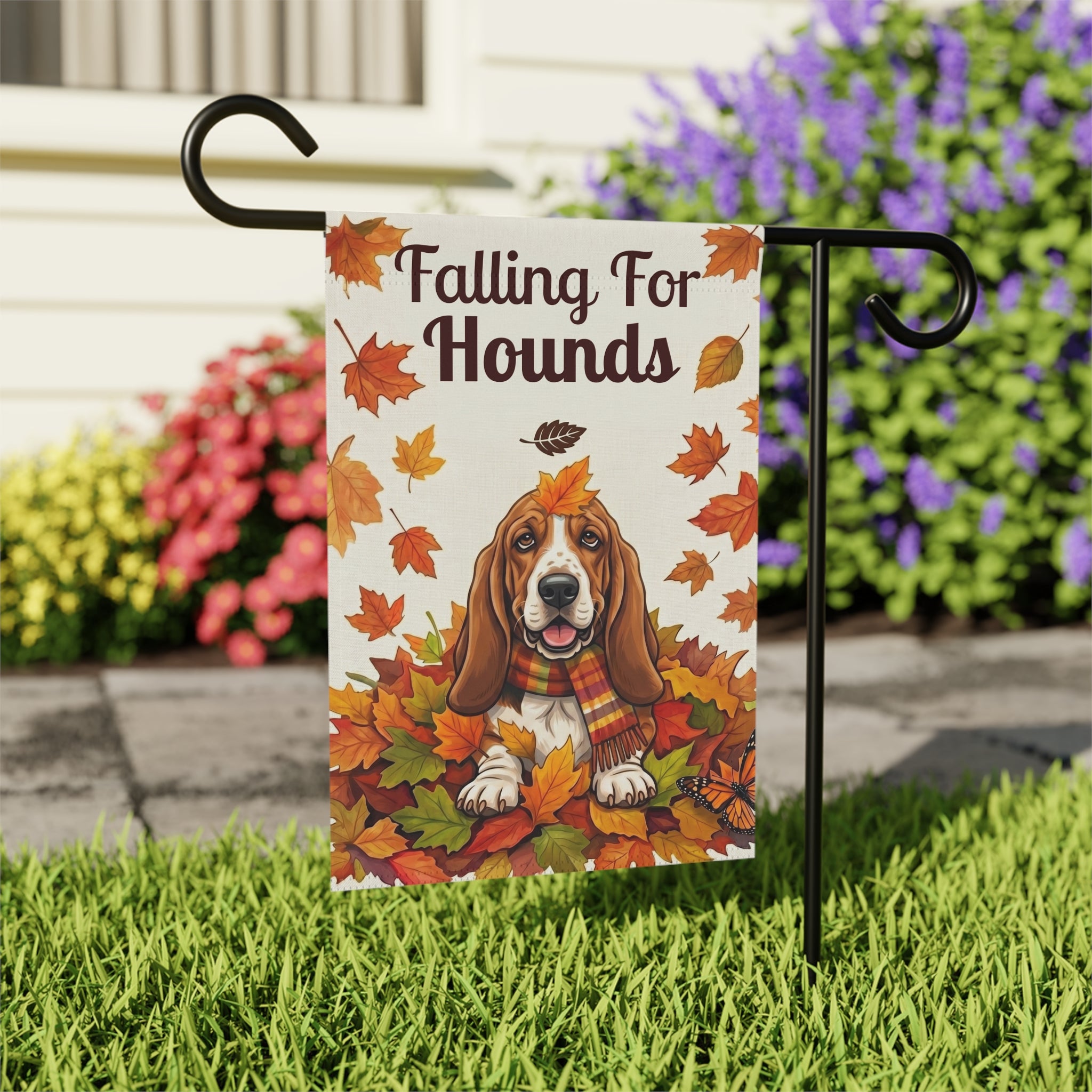 Falling for Hounds Basset Hound Autumn Garden Flag