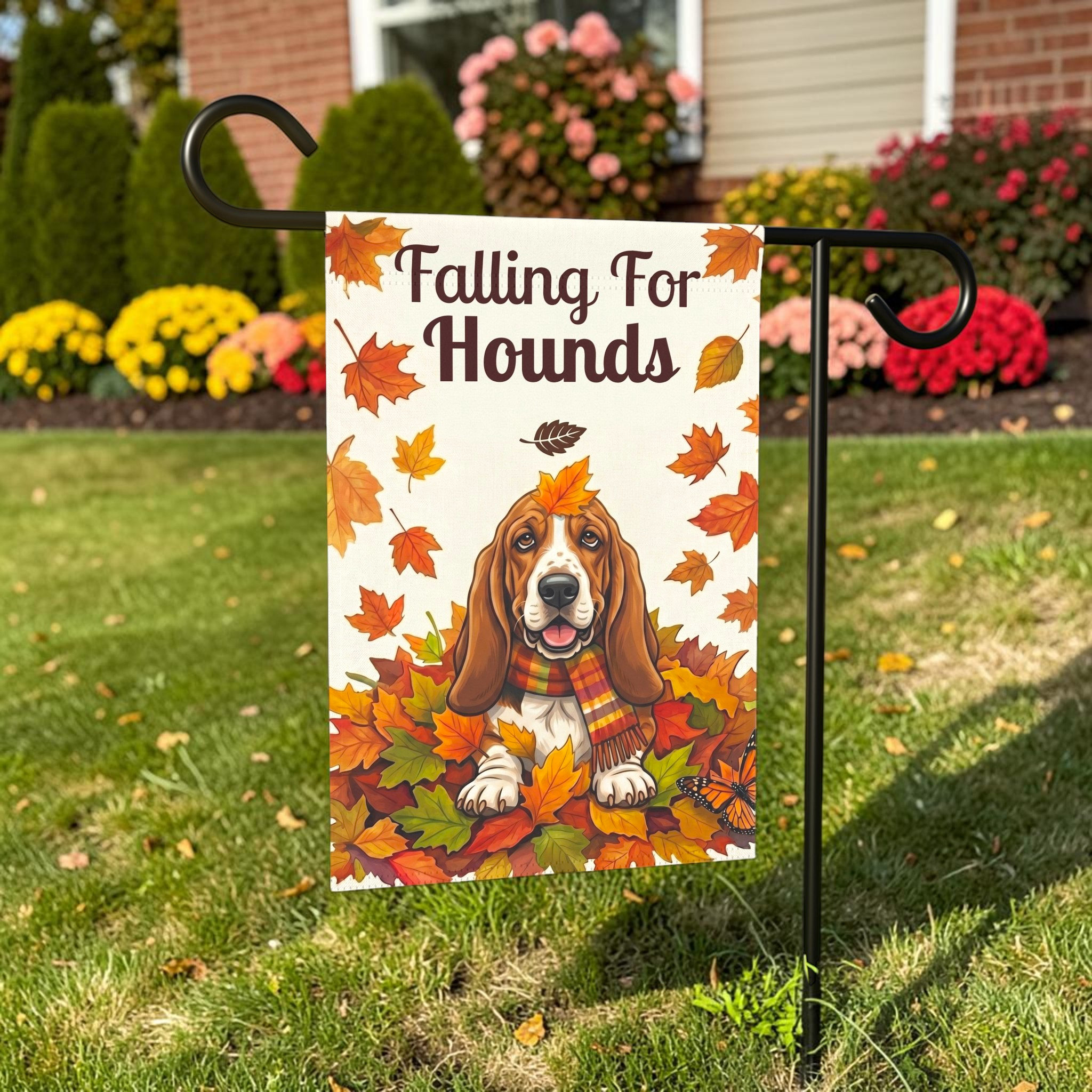 Falling for Hounds Basset Hound Autumn Garden Flag