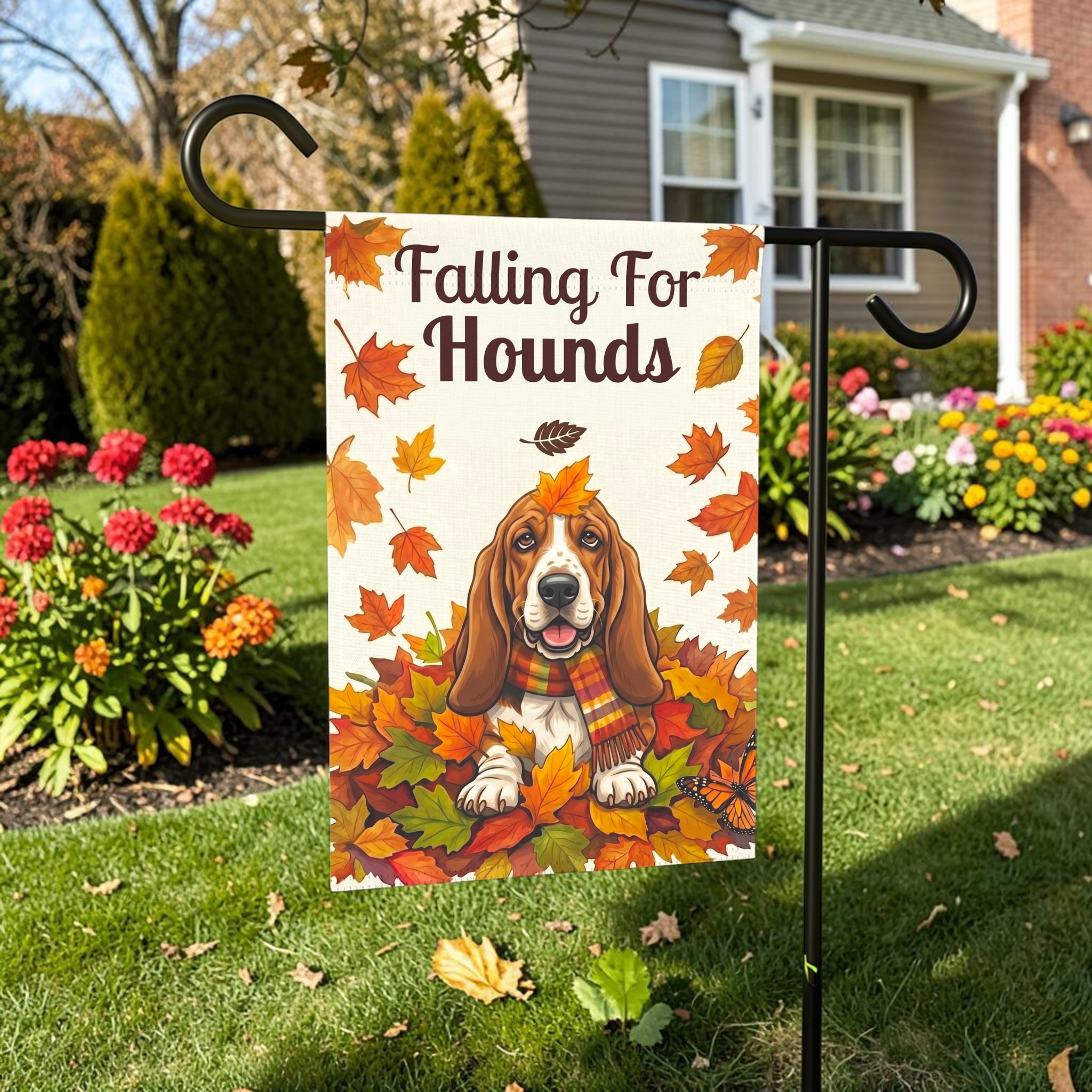 Falling for Hounds Basset Hound Autumn Garden Flag