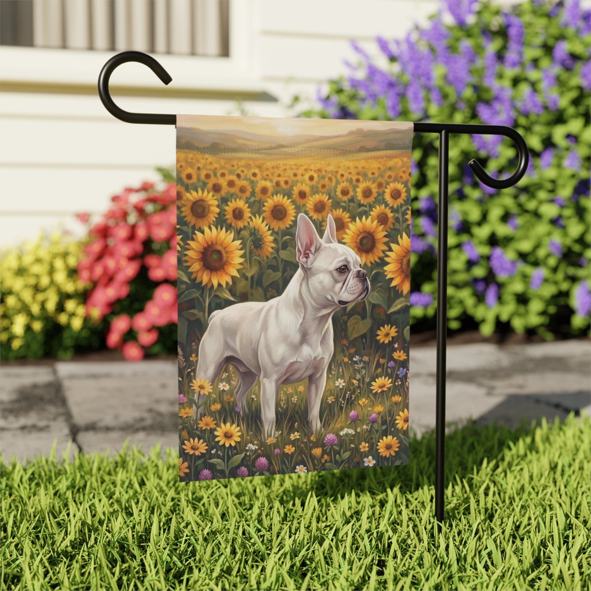 Sunflower Field White French Bulldog Garden Flag