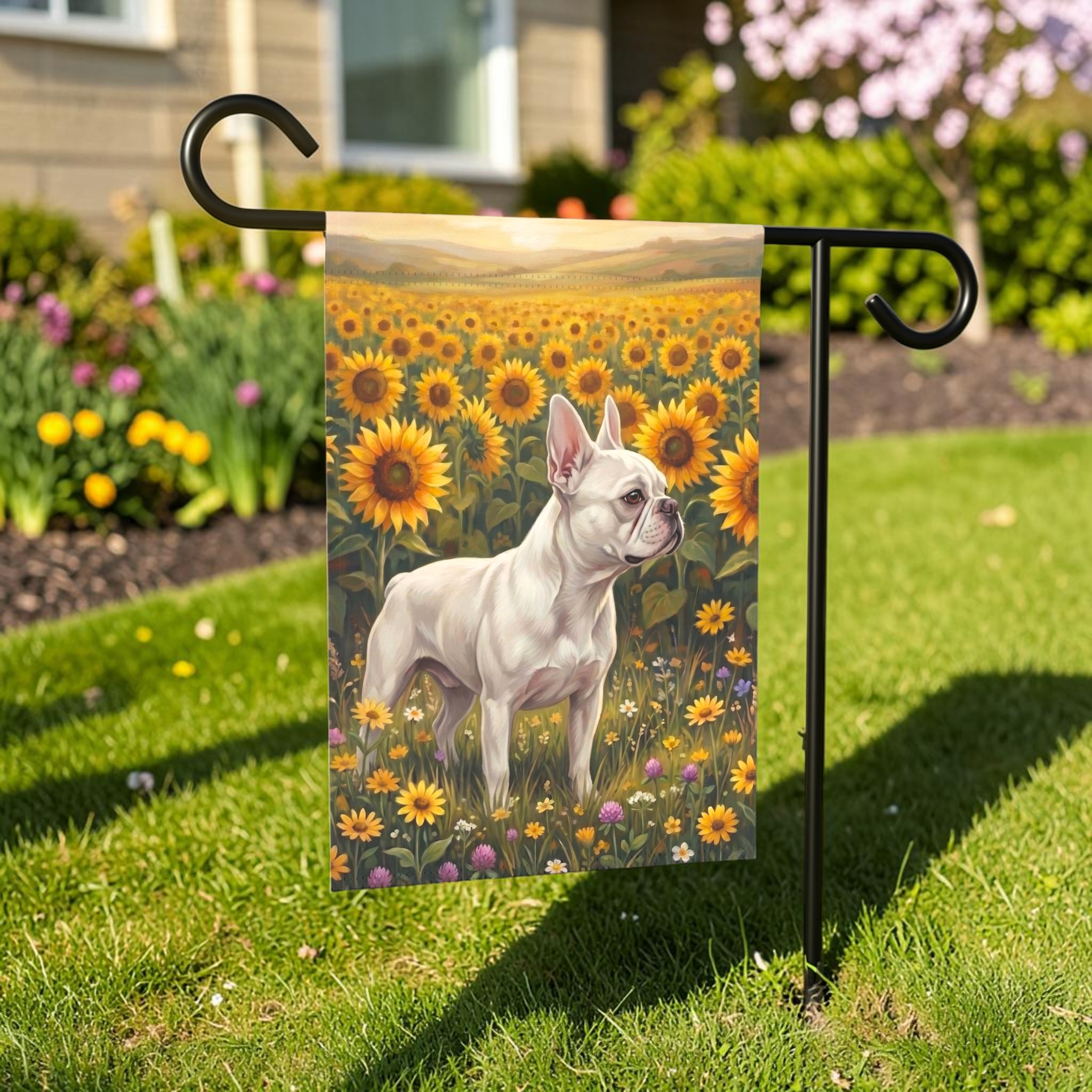 Sunflower Field White French Bulldog Garden Flag