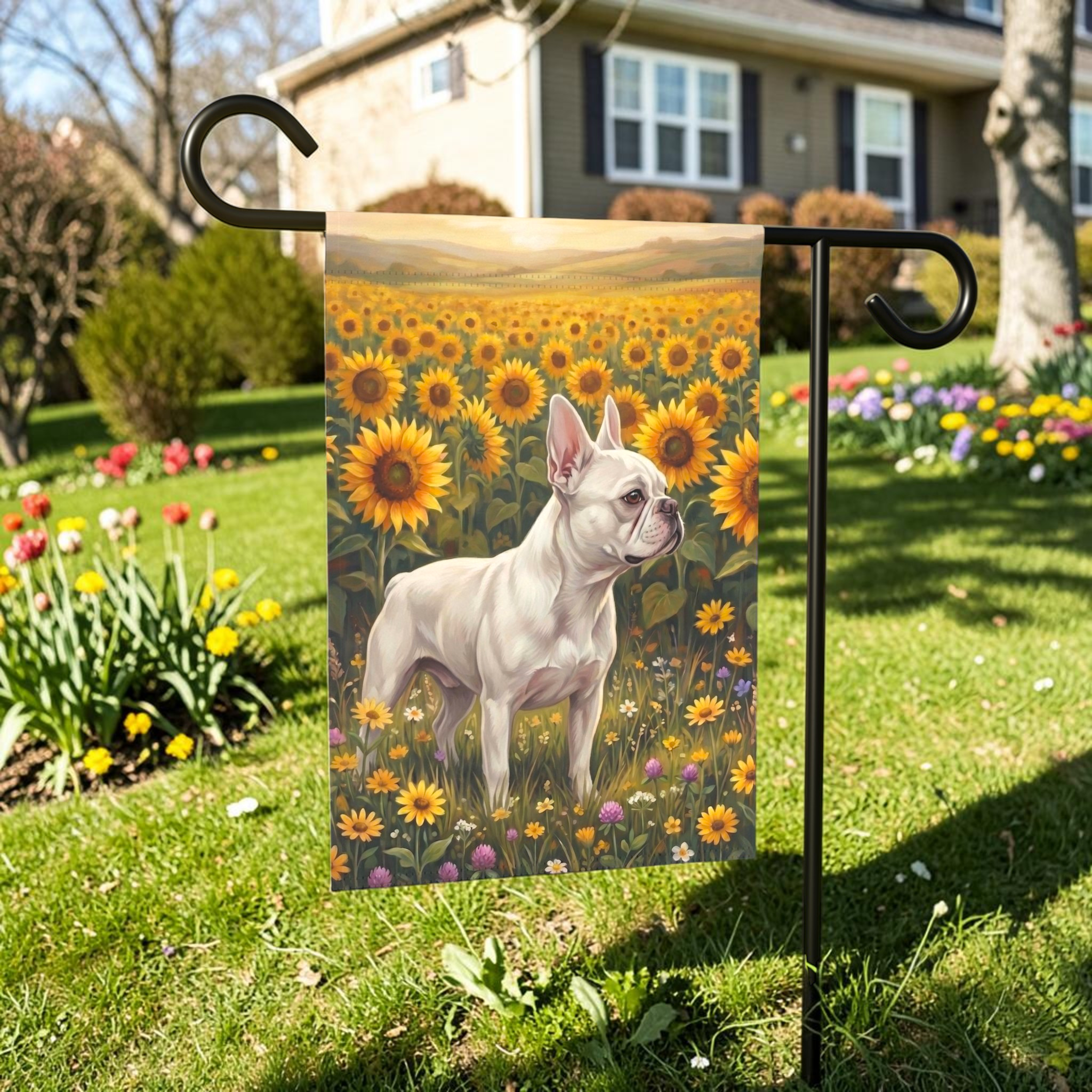 Sunflower Field White French Bulldog Garden Flag