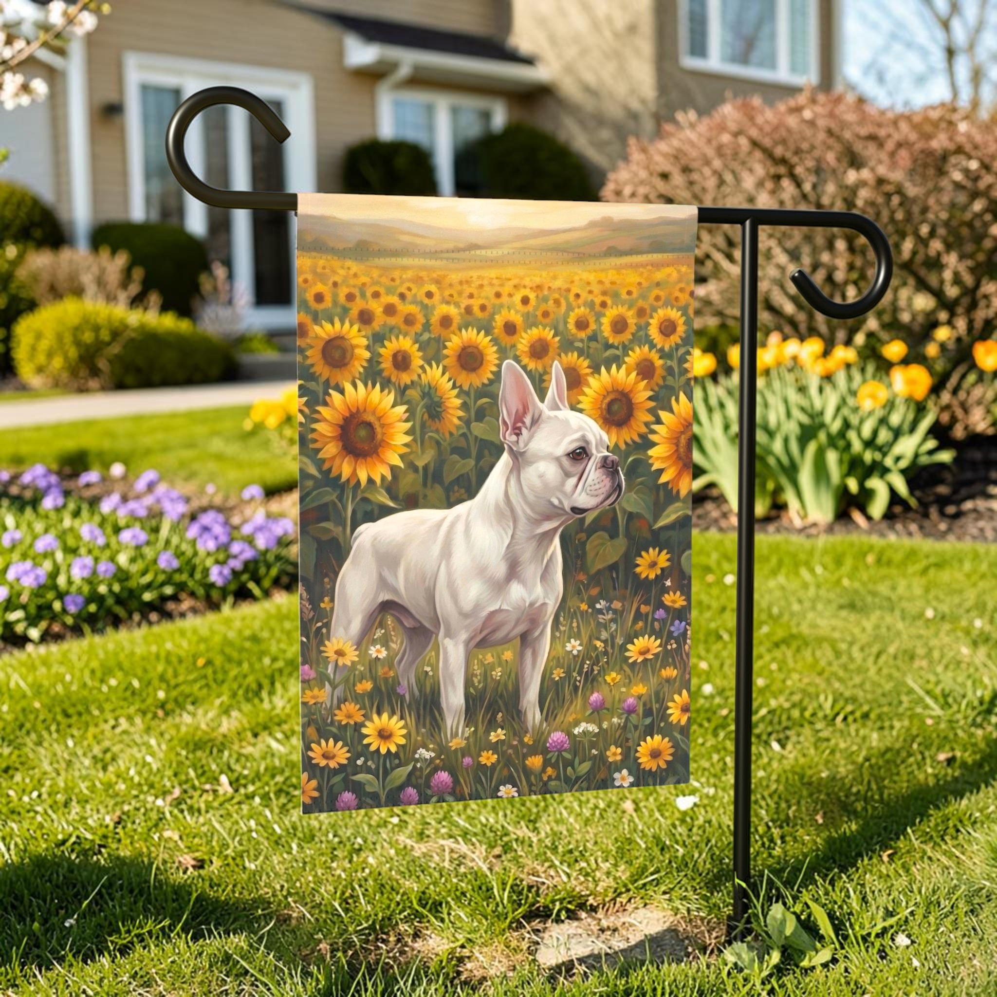 Sunflower Field White French Bulldog Garden Flag