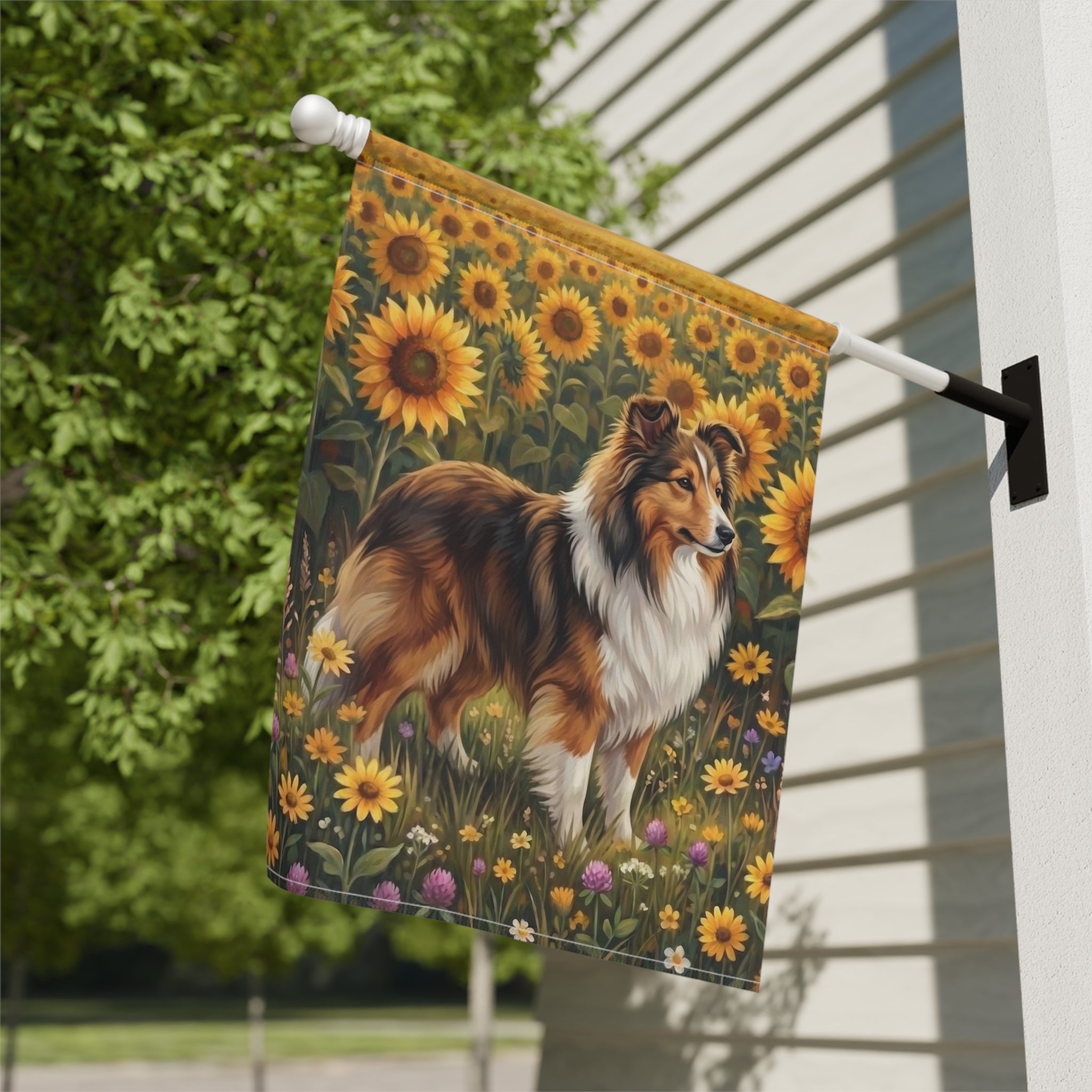 Sunflower Field Sheltie Garden Flag Double Sided 12x18 24x32 Outdoor