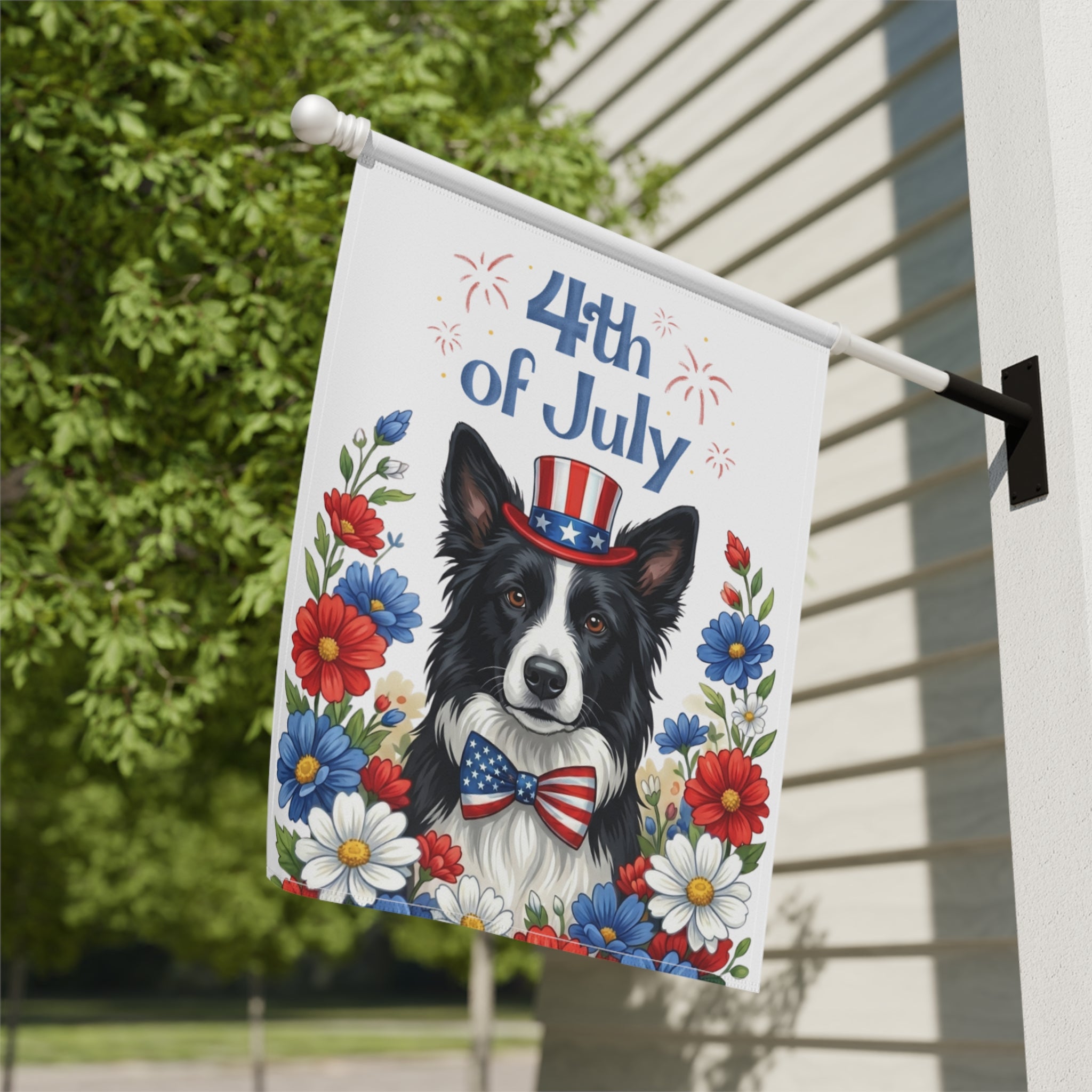 4th of July Black and White Border Collie Garden Flag
