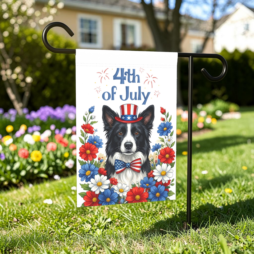 4th of July Black and White Border Collie Garden Flag