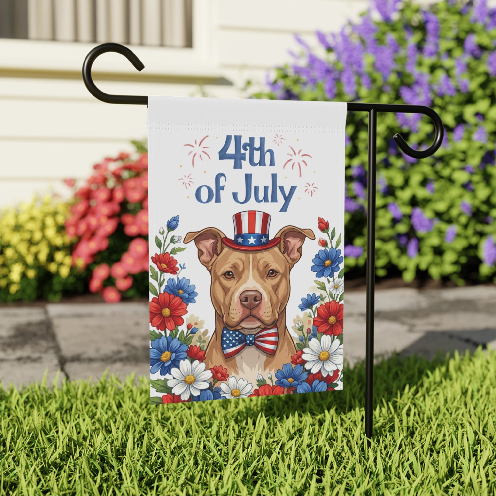 4th of July Fawn American Pitbull Terrier Garden Flag