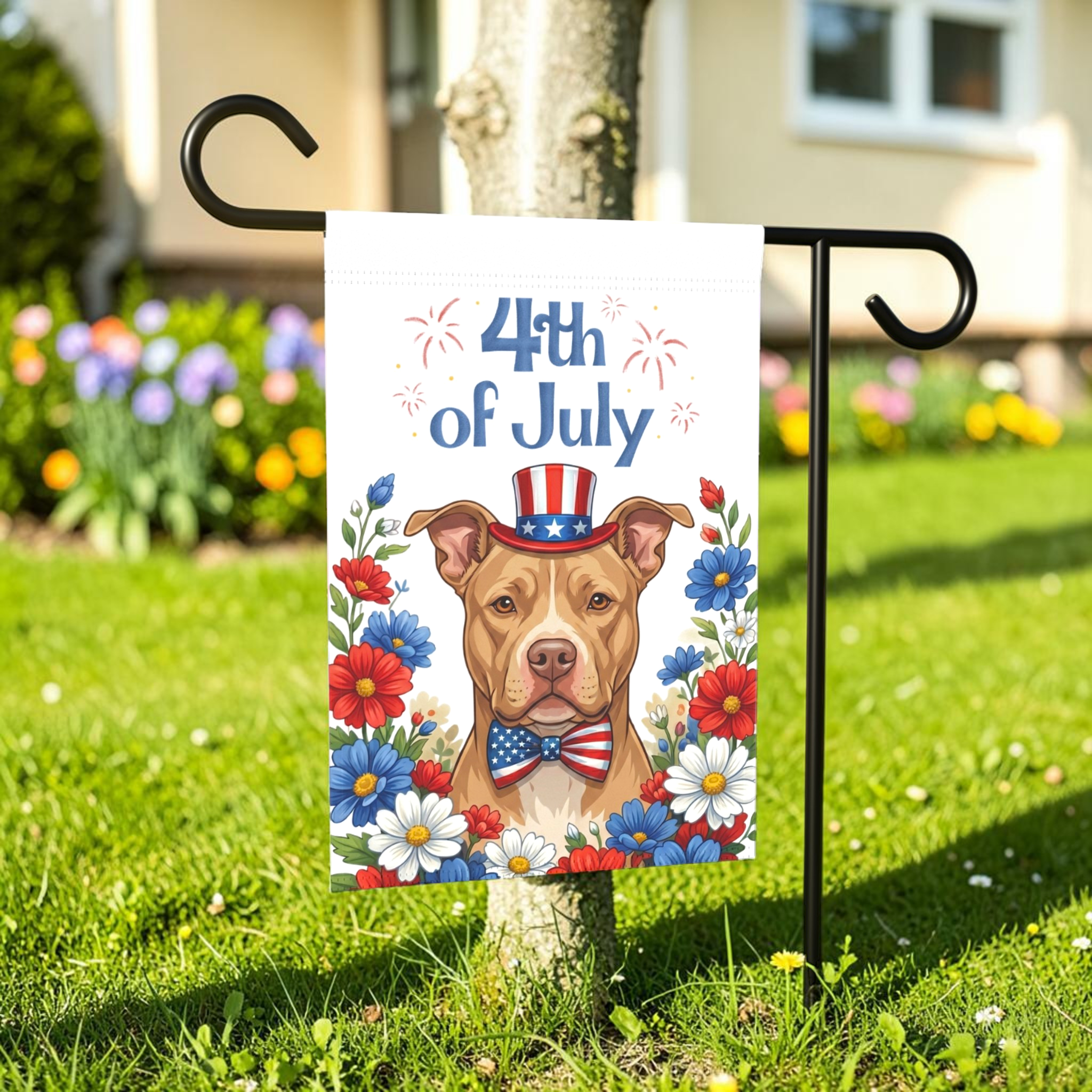 4th of July Fawn American Pitbull Terrier Garden Flag