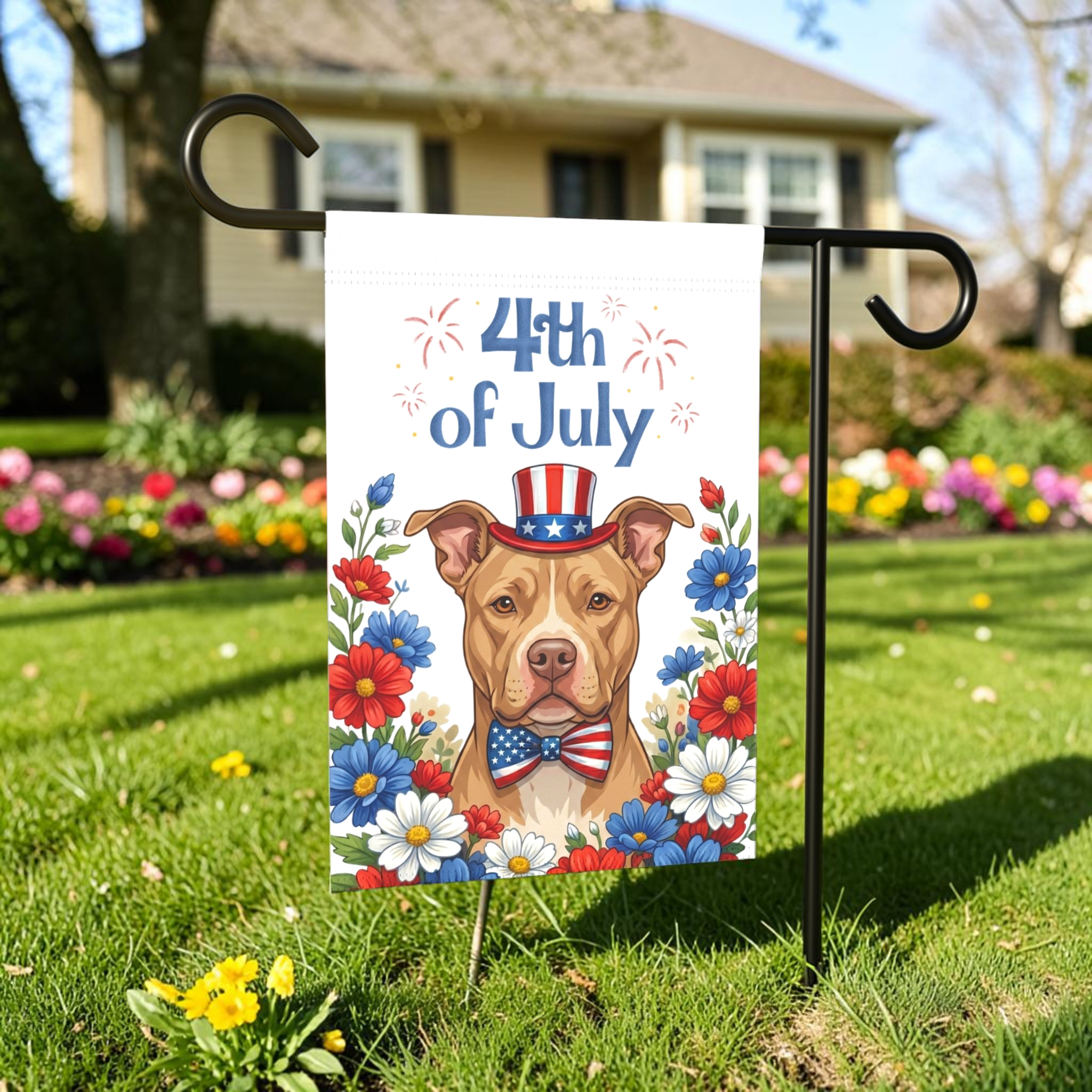 4th of July Fawn American Pitbull Terrier Garden Flag