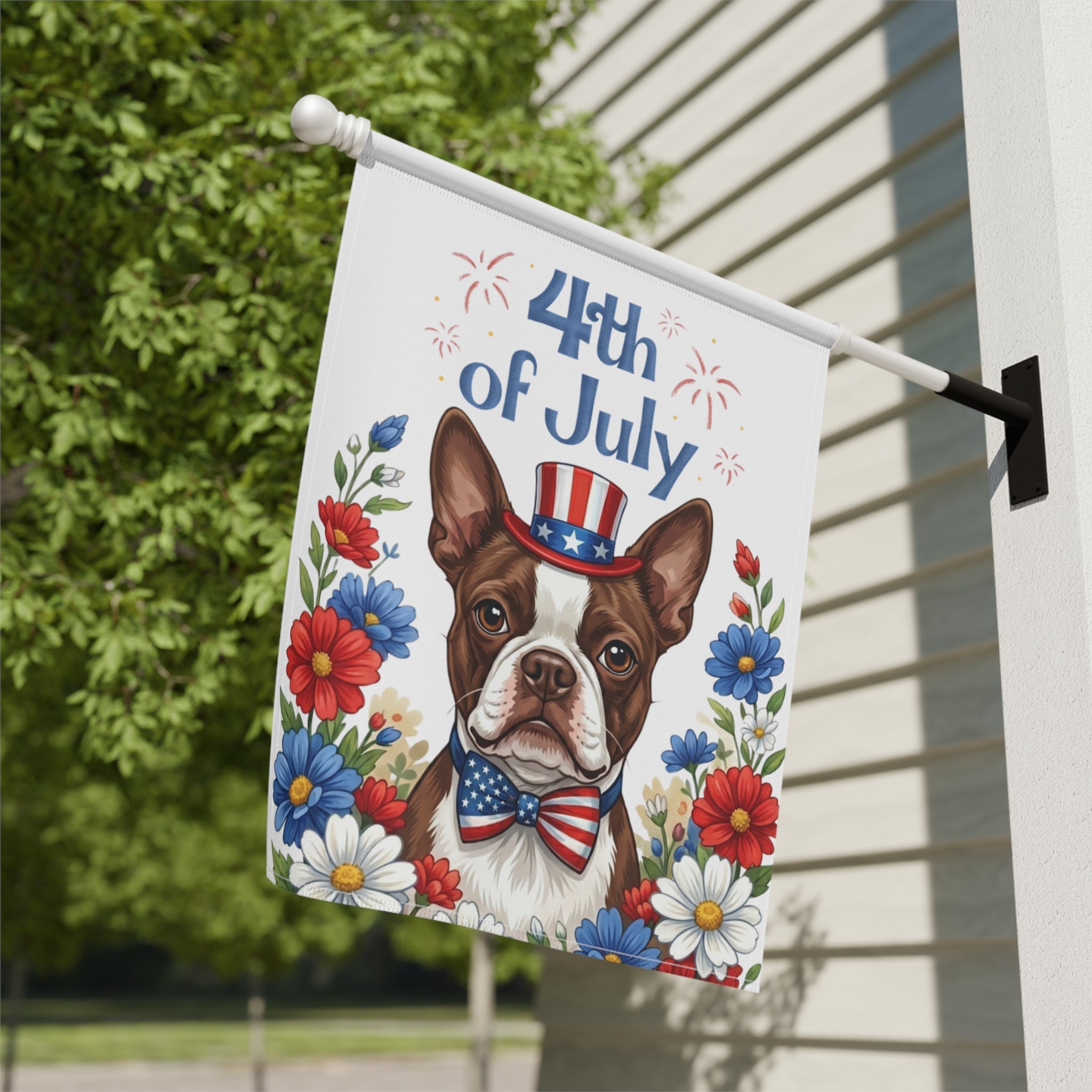 4th of July Liver and White Boston Terrier Garden Flag
