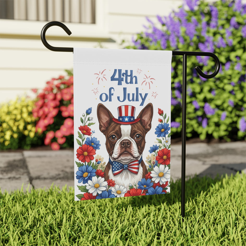 4th of July Liver and White Boston Terrier Garden Flag