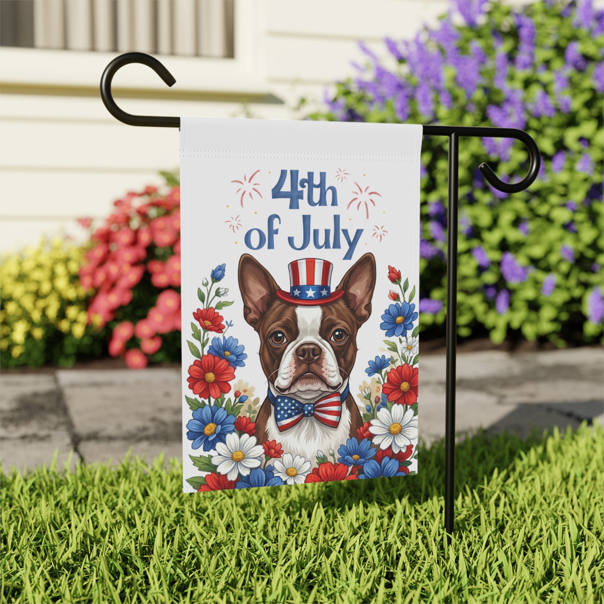 4th of July Liver and White Boston Terrier Garden Flag