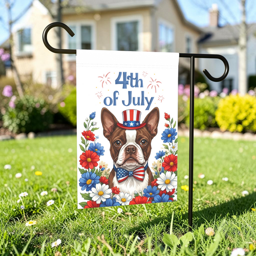 4th of July Liver and White Boston Terrier Garden Flag