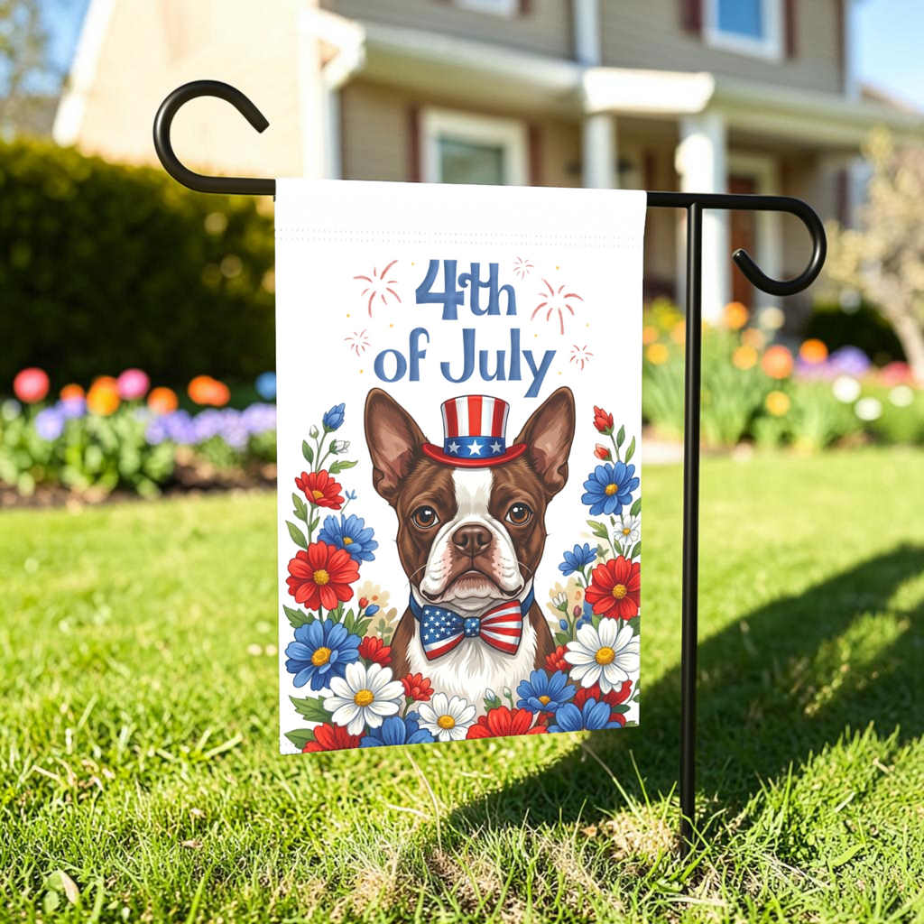 4th of July Liver and White Boston Terrier Garden Flag