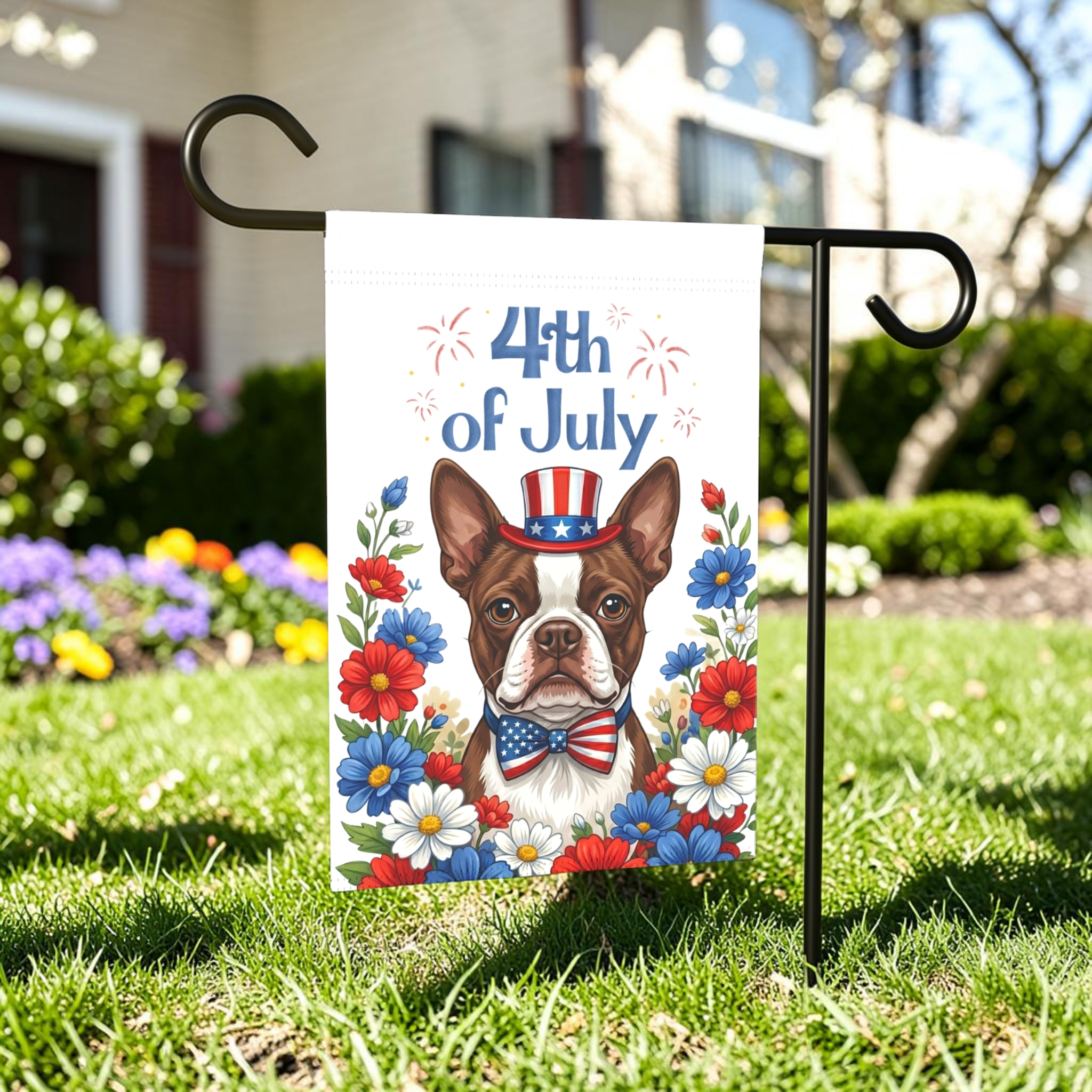 4th of July Liver and White Boston Terrier Garden Flag