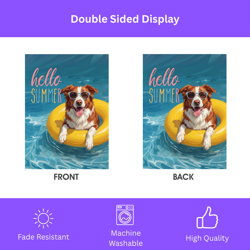 Hello Summer Red and White Border Collie Garden Flag