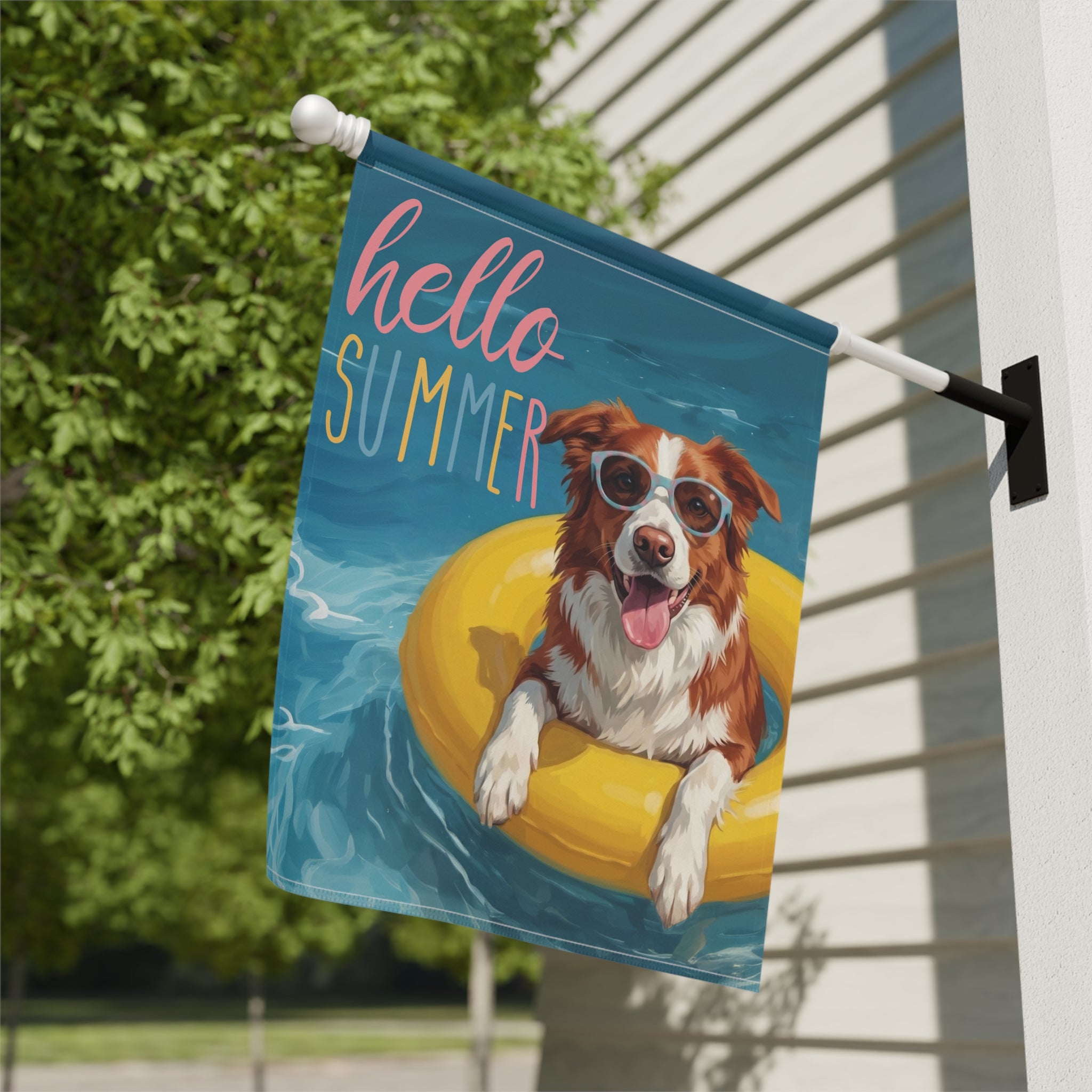 Hello Summer Red and White Border Collie Garden Flag